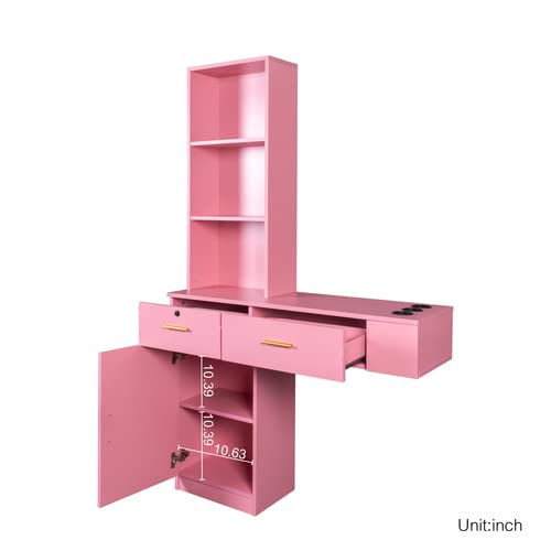 Wall Mounted Hair Styling Station - Professional Barber Salon Equipment Set with Floating Vanity Makeup Table, 2 Drawers & Multi-Layer Storage Cabinet (Pink) - Perfect for Home Salons, Spa Rooms & Beauty Studios