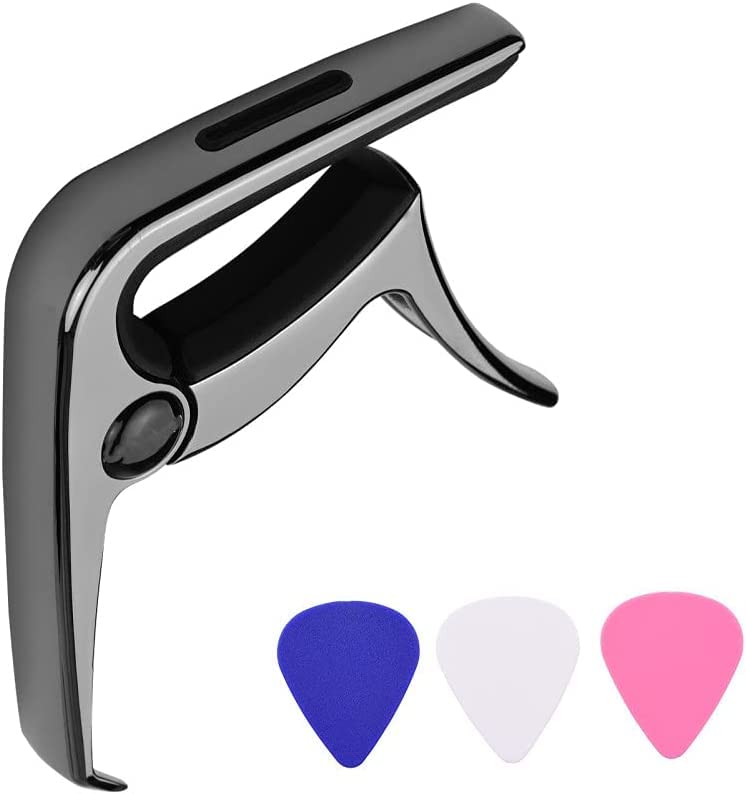 **Multifunctional Zinc Alloy Guitar Capo Tuner with 3 Picks - Perfect for Acoustic & Bass Guitar Accessories (Black) - Ideal for Live Performances, Studio Recording & Practice Sessions**