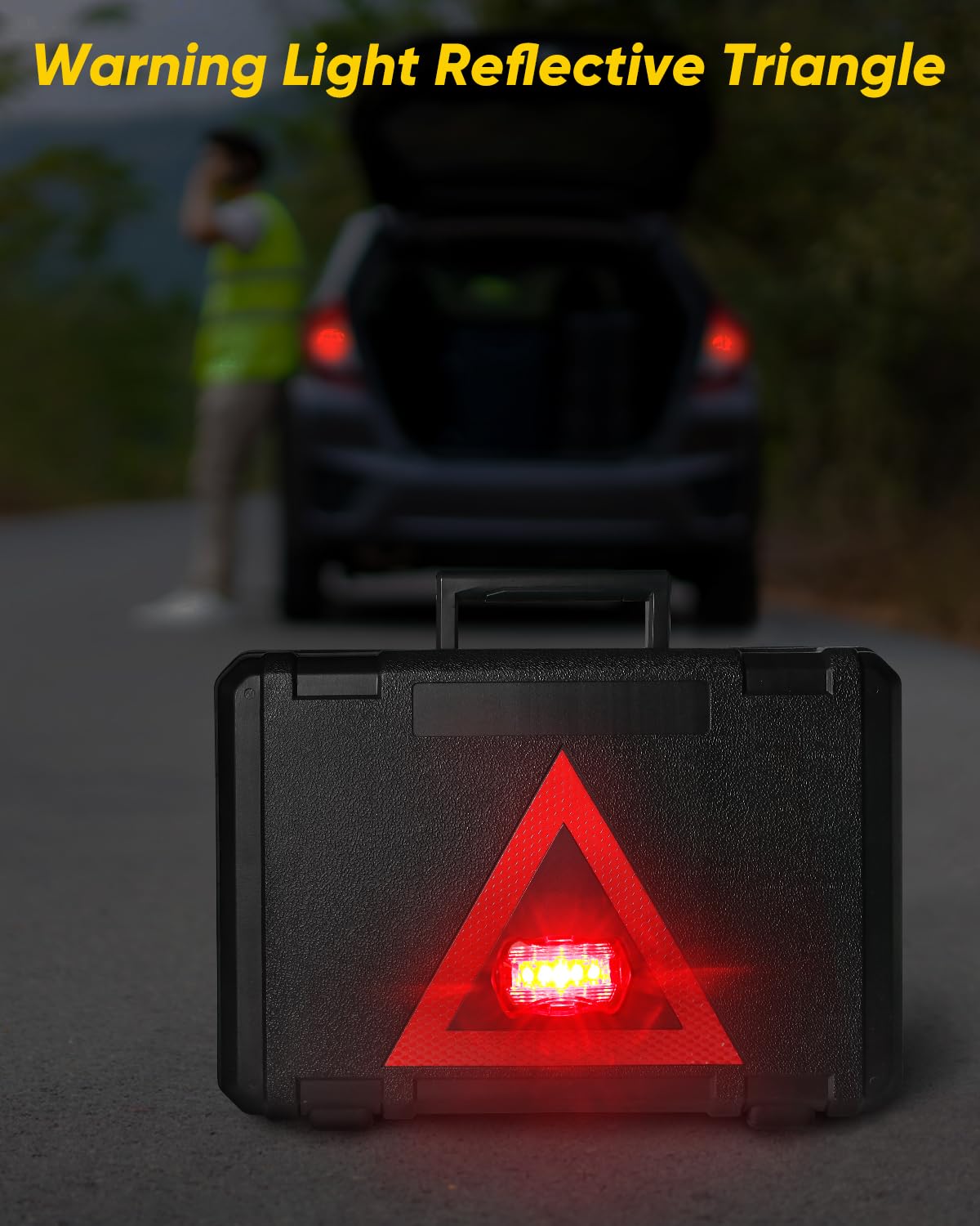 Premium Car Emergency Kit - Roadside Assistance Essentials with Warning Light, Reflective Triangle, Jumper Cables, Tow Strap, Flashlight & First Aid Kit | Complete Vehicle Safety Tools for Road Trips, Commuting & Winter Driving Preparedness