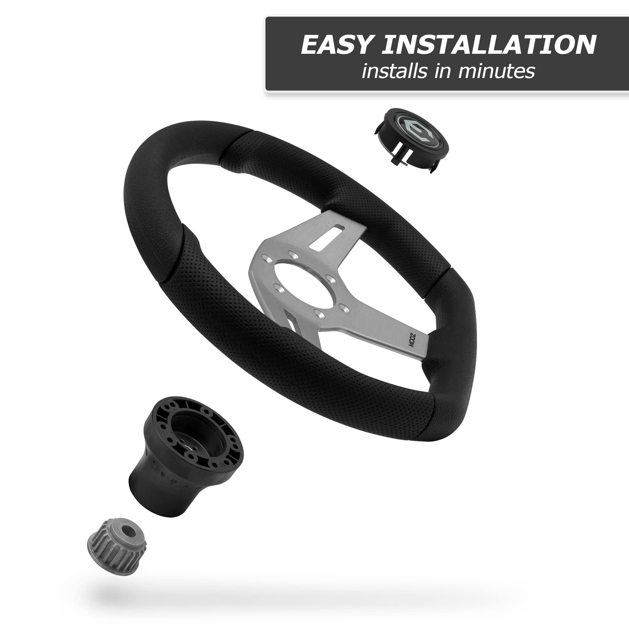 MODZ Barton Golf Cart Steering Wheel with Adapter - Universal Fit for EZGO Golf Carts (All Models) - Silver - Upgrade Your Golf Cart for Comfort & Style on the Course