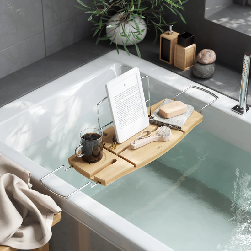Aquala Bathtub Caddy Tray - Adjustable Wooden Bathtub Tray with Wine Glass Holder & Book Stand - Perfect for Relaxing Bath, Reading & Spa Time