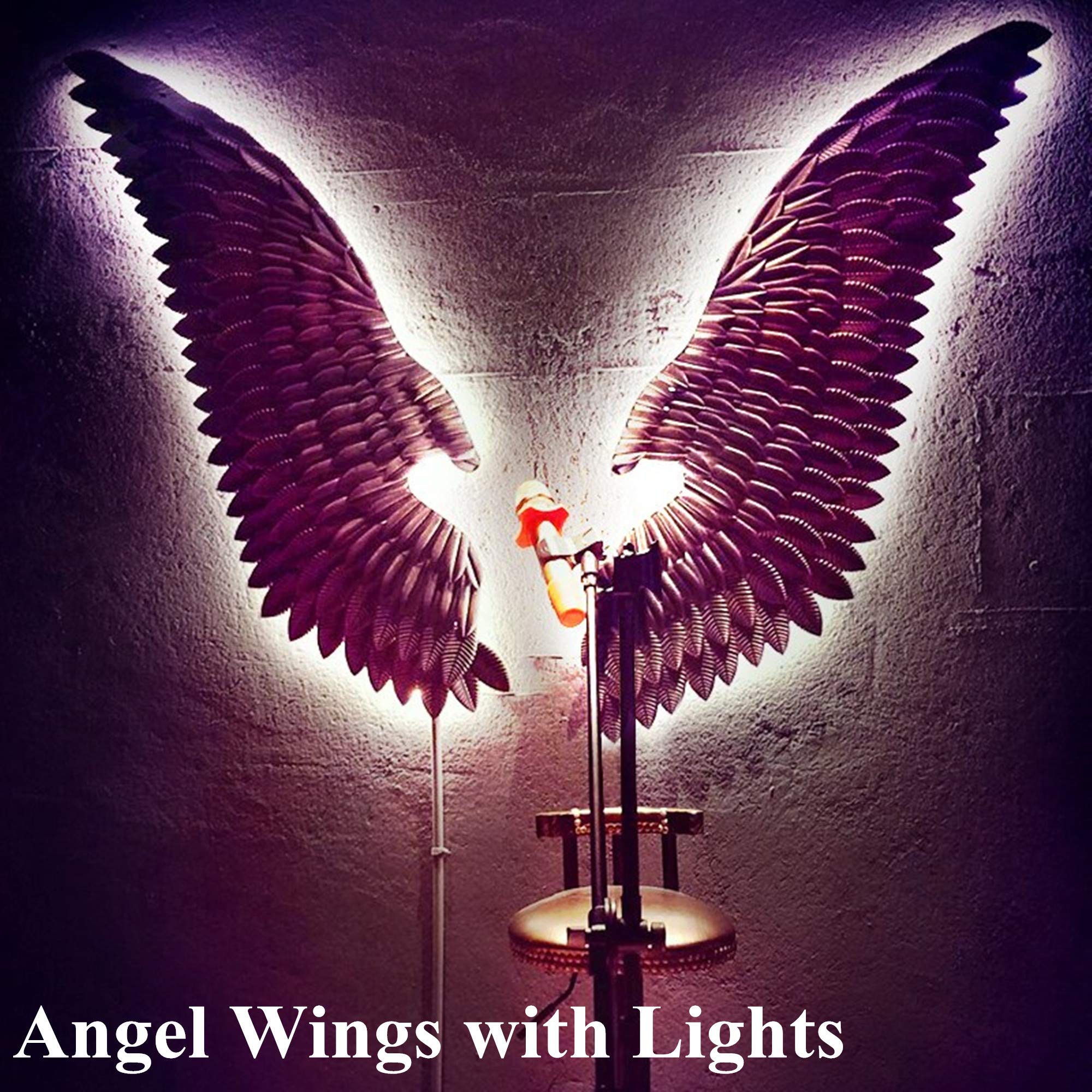 3D LED Angel Wing Metal Wall Art - Gold Wrought Iron Sculpture with Neon Lights for Beer Bar, Wedding, Party & Christmas Decor (110x100cm) - Perfect for Home, Restaurant, and Event Wall Decoration