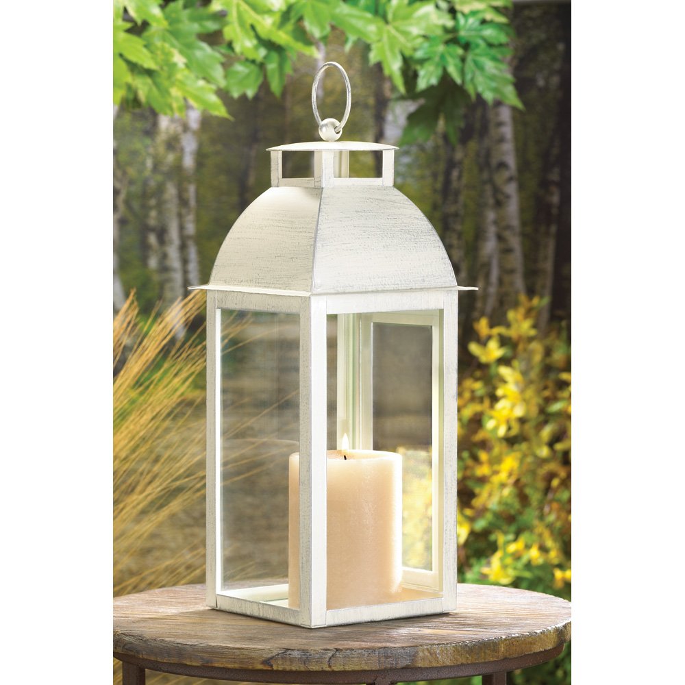 Distressed Ivory Metal Hanging Candle Lantern - Rustic Home Decor Gift for Wedding, Garden, Patio & Fireplace Ambiance