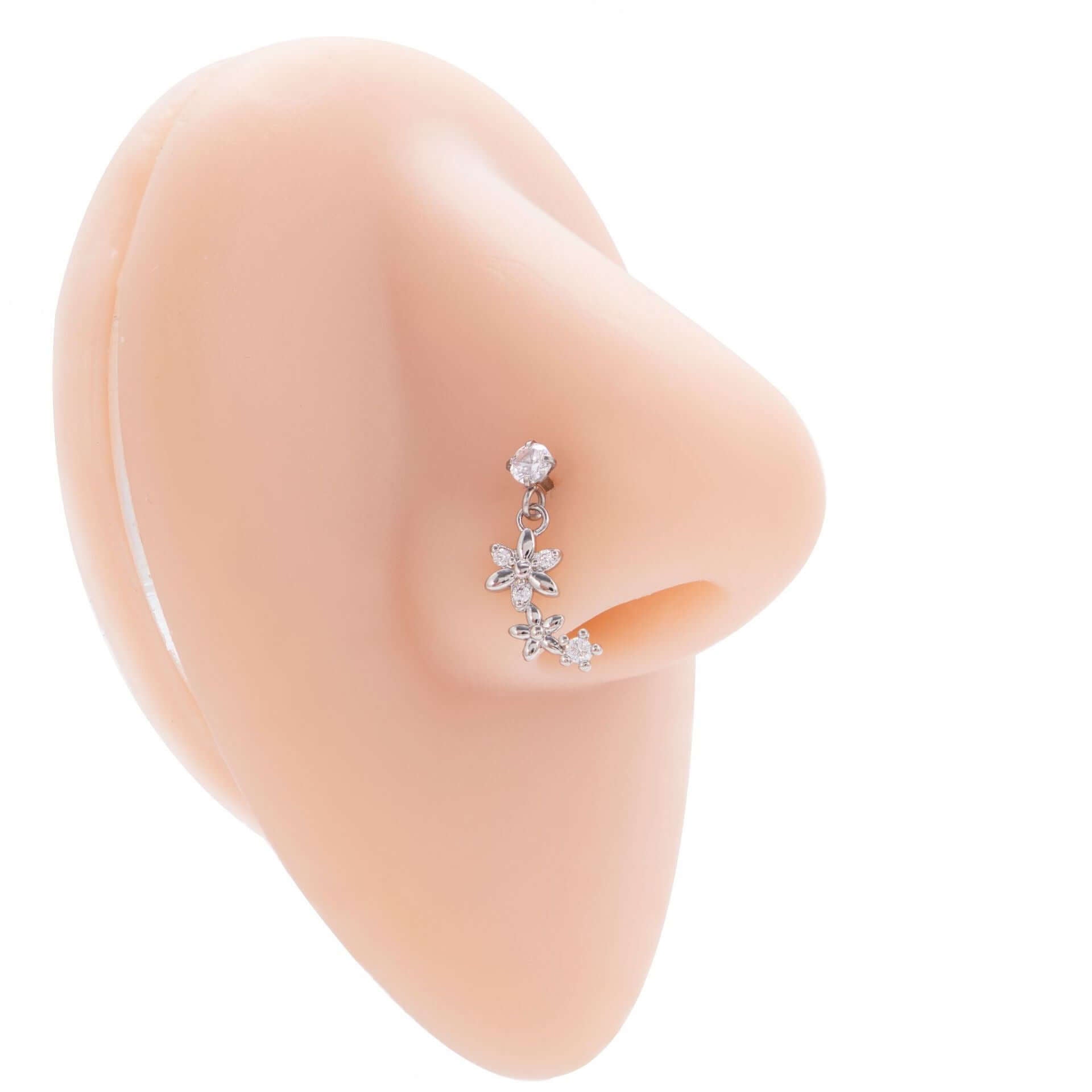 Hypoallergenic Flower Dangle Nose Ring - Sterling Silver Nose Stud for Sensitive Skin | Perfect for Pierced Nose Jewelry, Daily Wear & Special Occasions