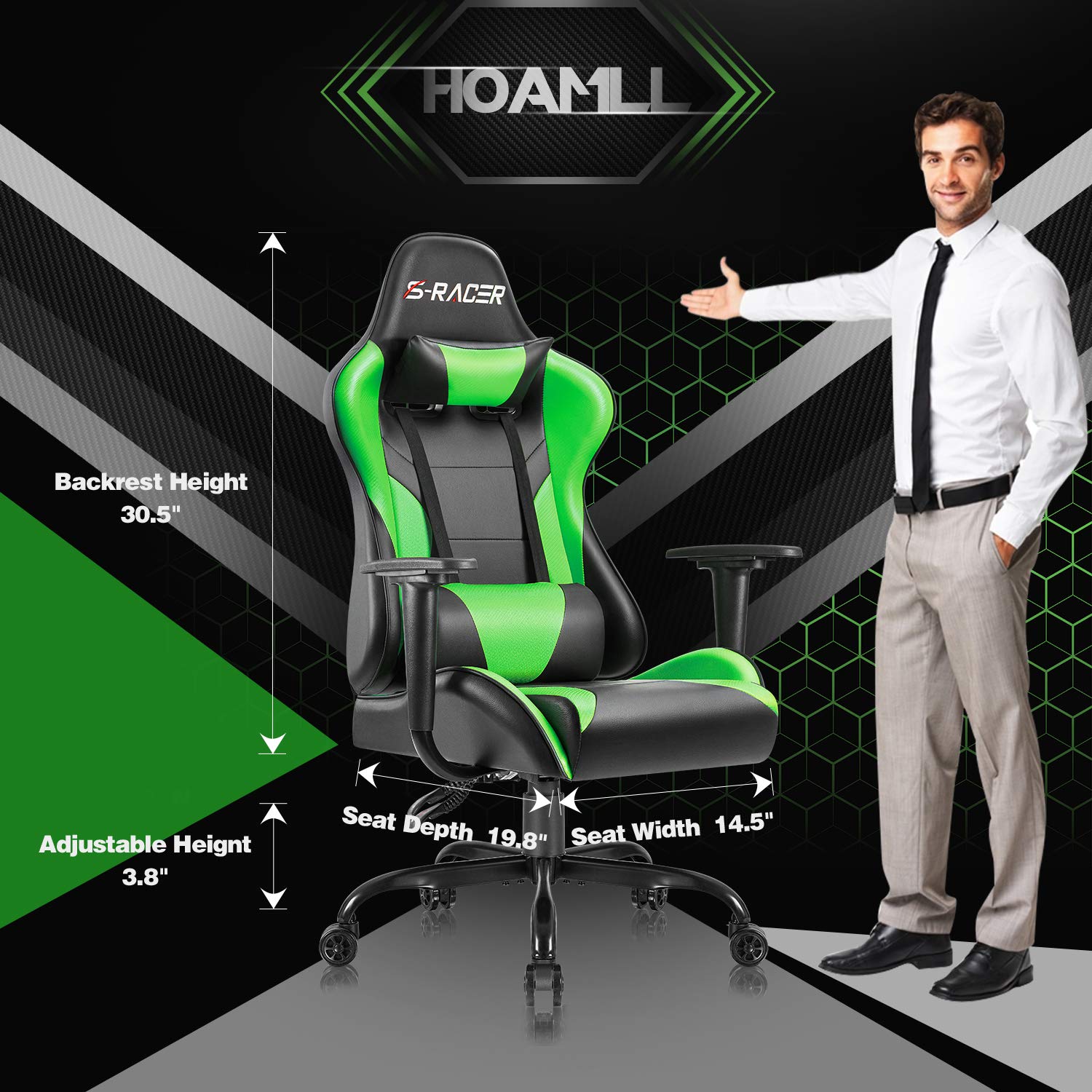 Homall Gaming Office Chair - High Back Ergonomic Computer Desk Chair with Adjustable Height, PU Leather & Headrest - Perfect for Gaming, Work & Home Office (Green)
