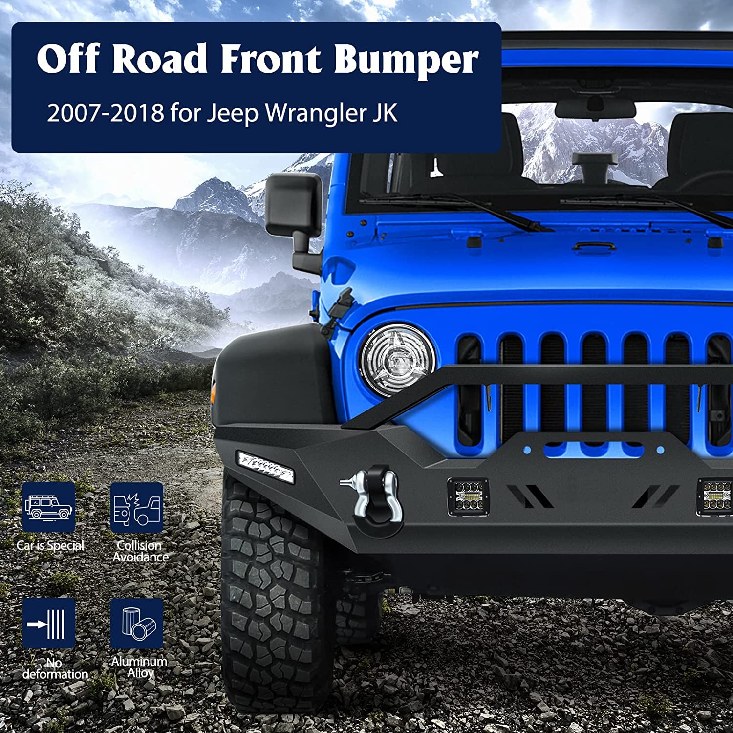 ECCPP Black Front Bumper with D-Ring & LED Lights & Winch Plate Compatible with 2007-2018 Jeep Wrangler JK - Heavy Duty Off-Road Protection for Adventure & Trail Riding
