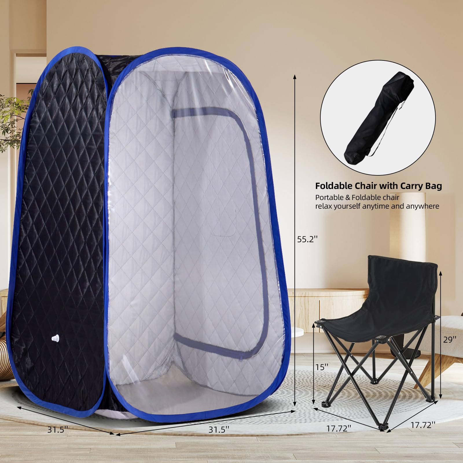 Smartmak Portable Steam Sauna Tent for Home Spa - 1500W Steam Generator with 4L Capacity, 16-Level Remote Control & Foldable Design - Includes Upgraded Chair for Relaxation (Black/Blue) - Perfect for Detox, Weight Loss & Muscle Recovery at Home