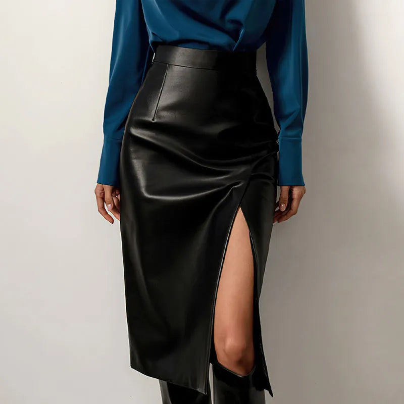 Elegant Black Faux Leather Bodycon Skirt for Women - High Waist Office Pencil Skirt with Sexy Side Slit | Perfect for Work, Date Night & Party Outfits