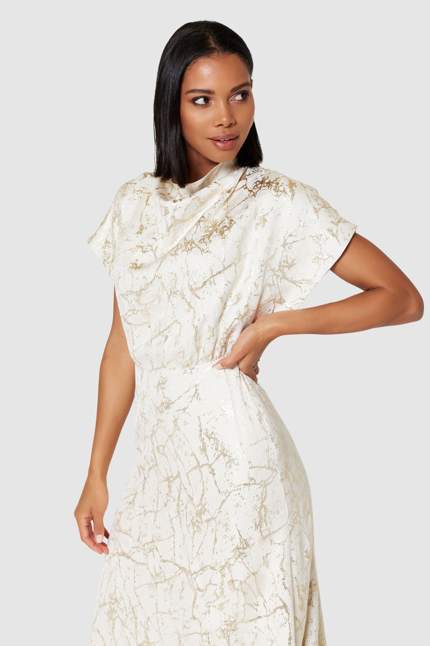 EVA Asymmetric Midi Dress in Cream & Gold - Elegant Women's Party & Evening Wear for Special Occasions