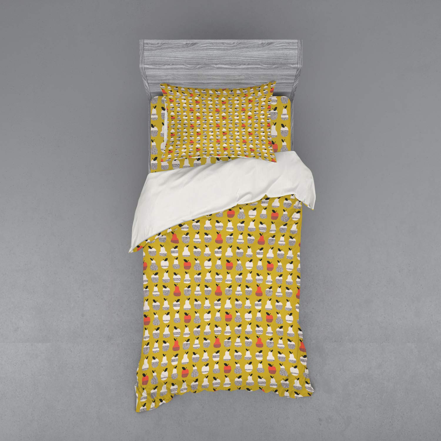 Ambesonne 3-Piece Twin Size Duvet Cover Set - Pears, Apples & Leaves Pop Art Design, Khaki Multicolor | Soft & Breathable Bedding with Sham & Fitted Sheet | Perfect for Kids Rooms, Guest Bedrooms & Modern Farmhouse Decor