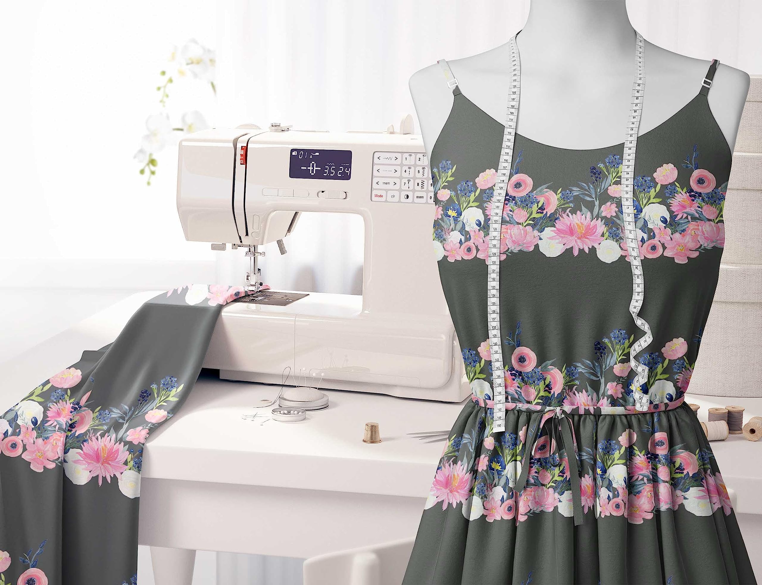 Soimoi Moss Georgette Gray Fabric by The Yard - 44 Inch Wide Floral Printed Fabric with Ranunculus & Chrysanthemum Patterns - Lightweight Draping Material for Dresses, Scarves, Curtains & Home Decor
