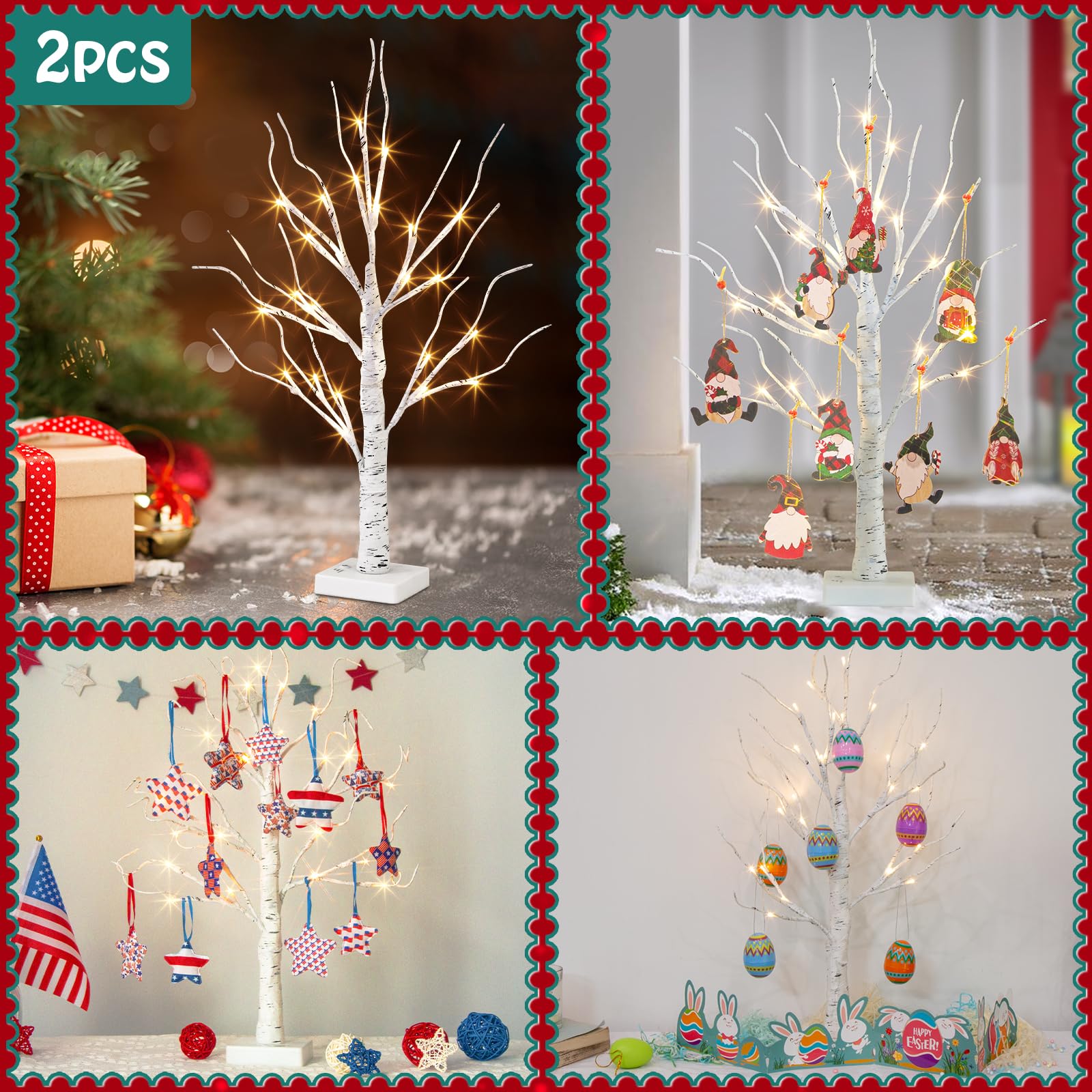 Vanthylit White Birch Tree with LED Lights - Set of 2, 24 LED Tabletop Christmas Tree with Timer, Indoor Holiday Decor for Mantel, Living Room, Office, and Party Decorations (2 FT) - Perfect for Festive Home Decor, Winter Weddings, and Cozy Seasonal Ambiance