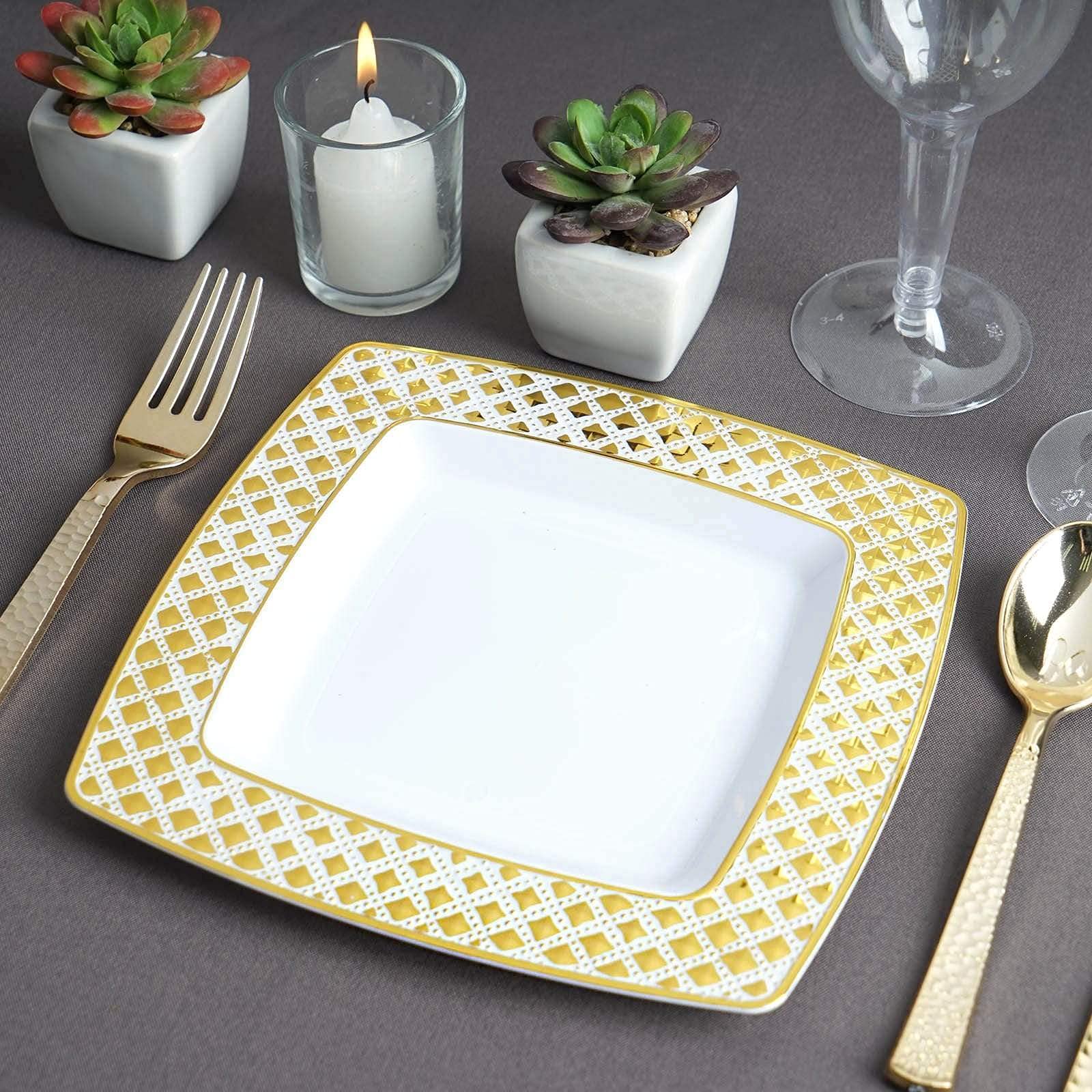10 Pack 7 Inch Disposable White Plastic Plates with Gold Diamond Trim - Elegant Balsa Circle Design for Parties, Weddings & Special Events