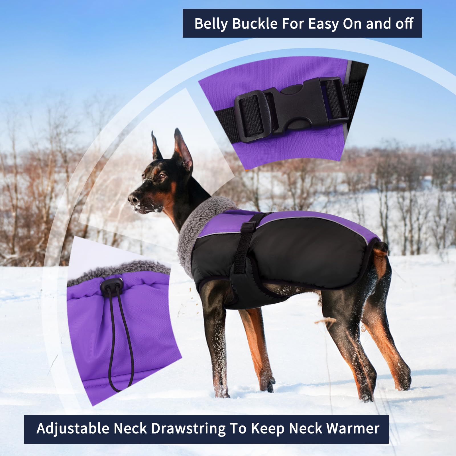 IECOii Extra Warm Reflective Adjustable Dog Jacket - Fleece Turtleneck Winter Coat with Buckle for Small, Medium & Large Dogs - Cold Weather Protection for Outdoor Walks & Winter Adventures