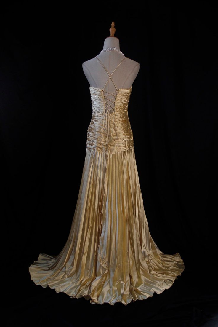 Elegant Gold A-Line Spaghetti Strap Satin Long Prom Dress with V-Neck & Pleated Details - Perfect for Evening Gowns, Formal Dances, Weddings & Special Occasions