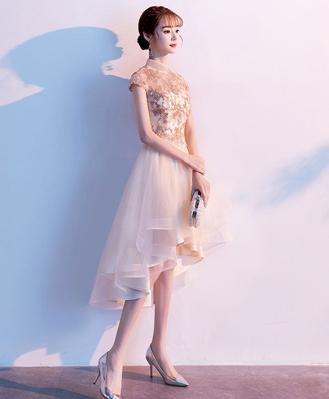 Elegant Champagne Tulle Lace High-Low Prom Dress for Homecoming - Perfect for Formal Dances, Graduation Parties & Special Occasions