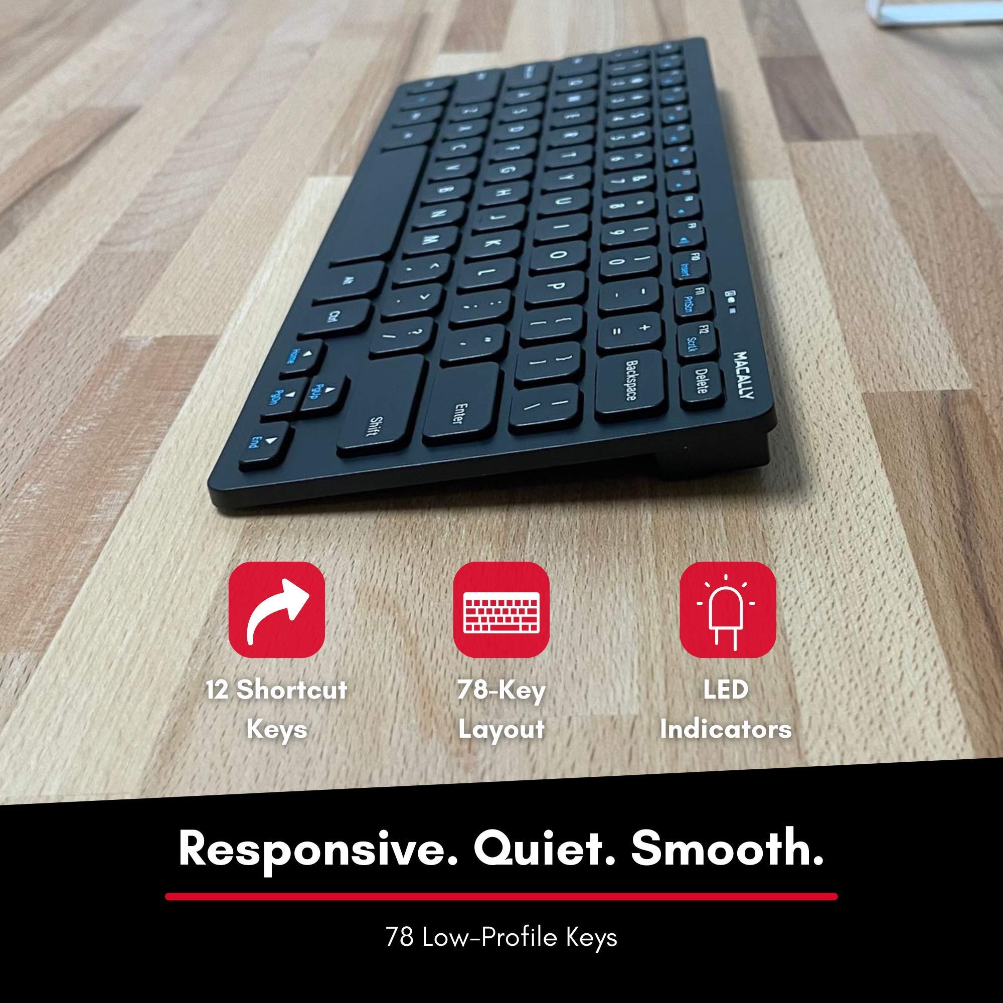 Macally Wireless Mini Keyboard & Mouse Combo with Vertical Laptop Stand - Compact Ergonomic Setup for Home Office, Gaming, and Workspace Organization