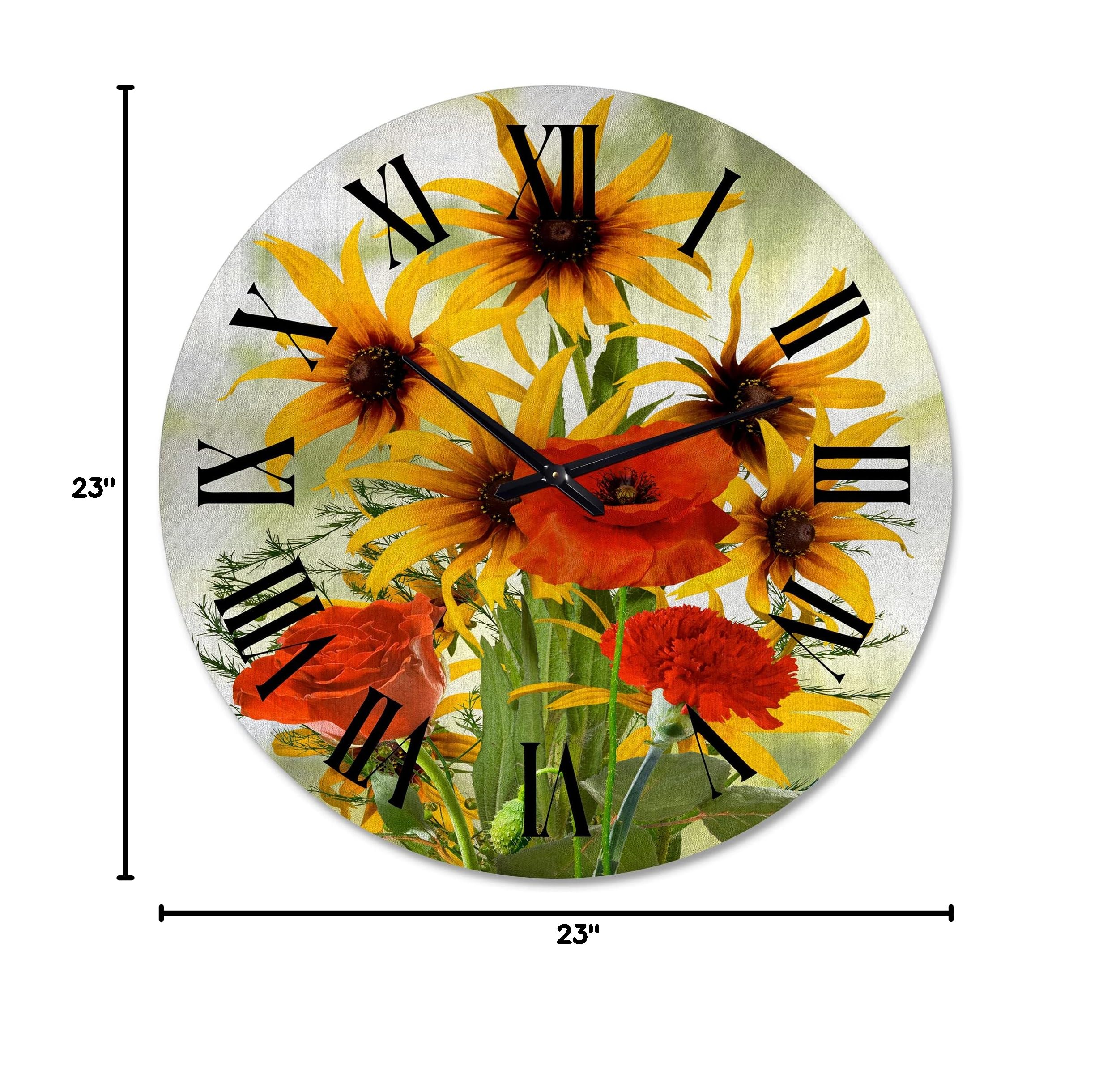 DesignQ Traditional Wall Clock - Large Floral & Botanical Wall Decor with Sunflowers and Poppies for Kitchen, Living Room, Bedroom, Office | Perfect Home Decoration Gift