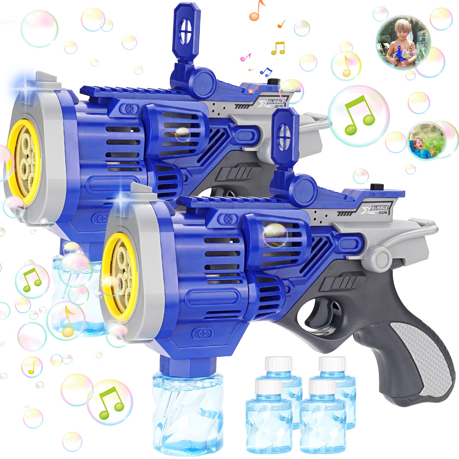2 Pack Bubble Gun with 4 Bubble Solutions - Large Battery Powered Bubble Blaster with Lights & Sounds for Kids Ages 4-8 | Outdoor Play, Birthday Parties, Weddings & Backyard Fun