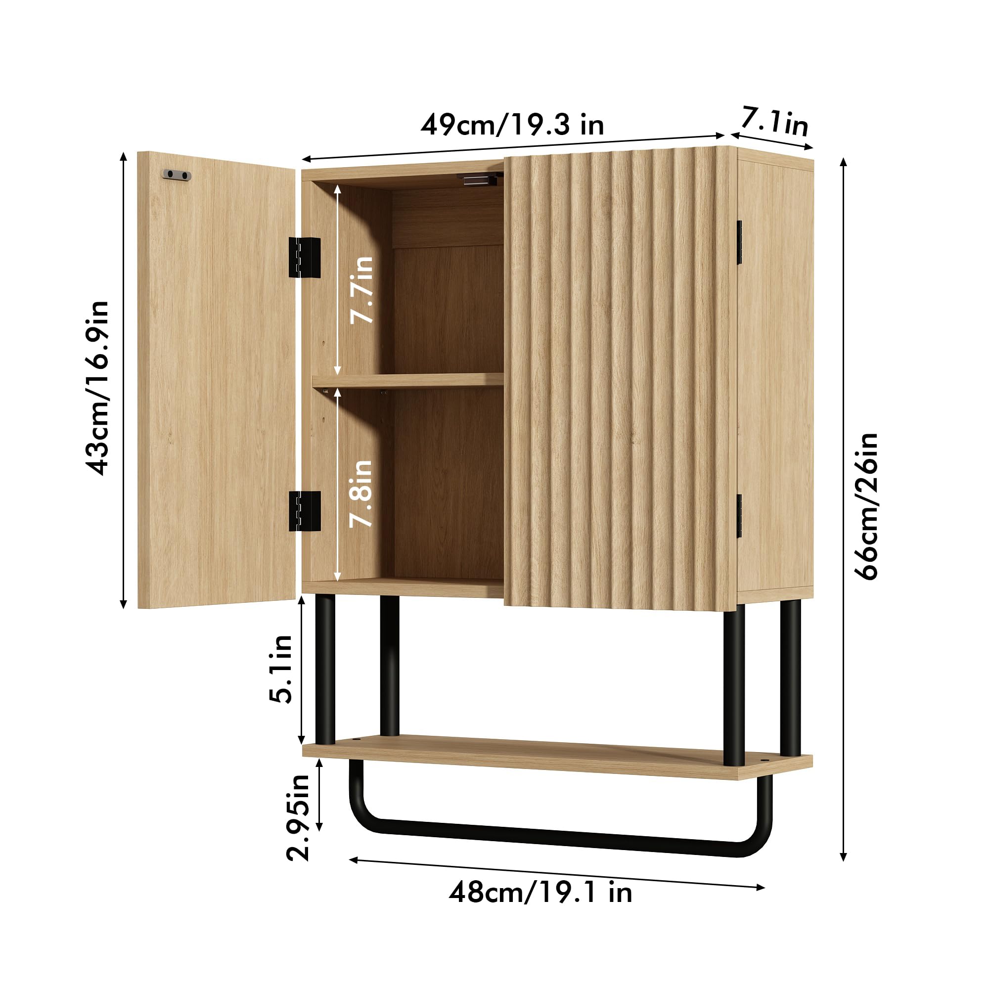 RUSTOWN 2-Door Fluted Bathroom Wall Cabinet - 3-Tier Modern Farmhouse Medicine Cabinet with Adjustable Shelf & Towel Bar - Over The Toilet Storage (Natural, Medium) - Perfect for Small Bathrooms, Vanity Organizer & Towel Storage