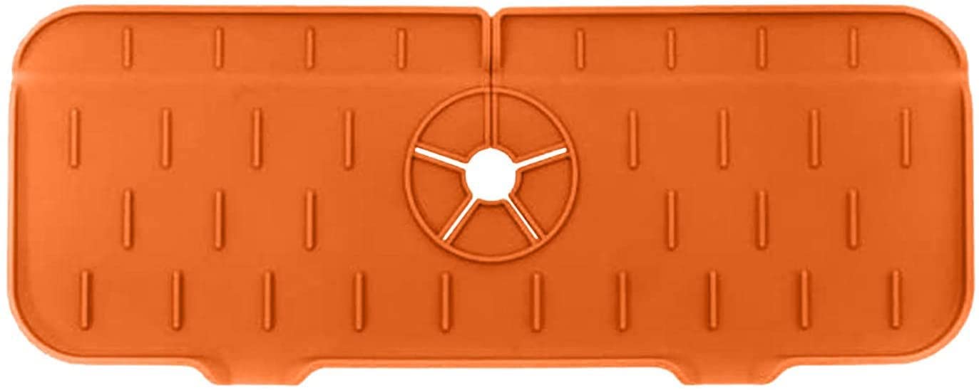 Non-Slip Silicone Kitchen Sink Splash Guard & Faucet Drip Catcher Tray - 2 Pack Orange Sink Protector Mats for Bathroom & Kitchen - Water Absorbent, Anti-Slip Sink Accessories for Spill Protection & Countertop Safety