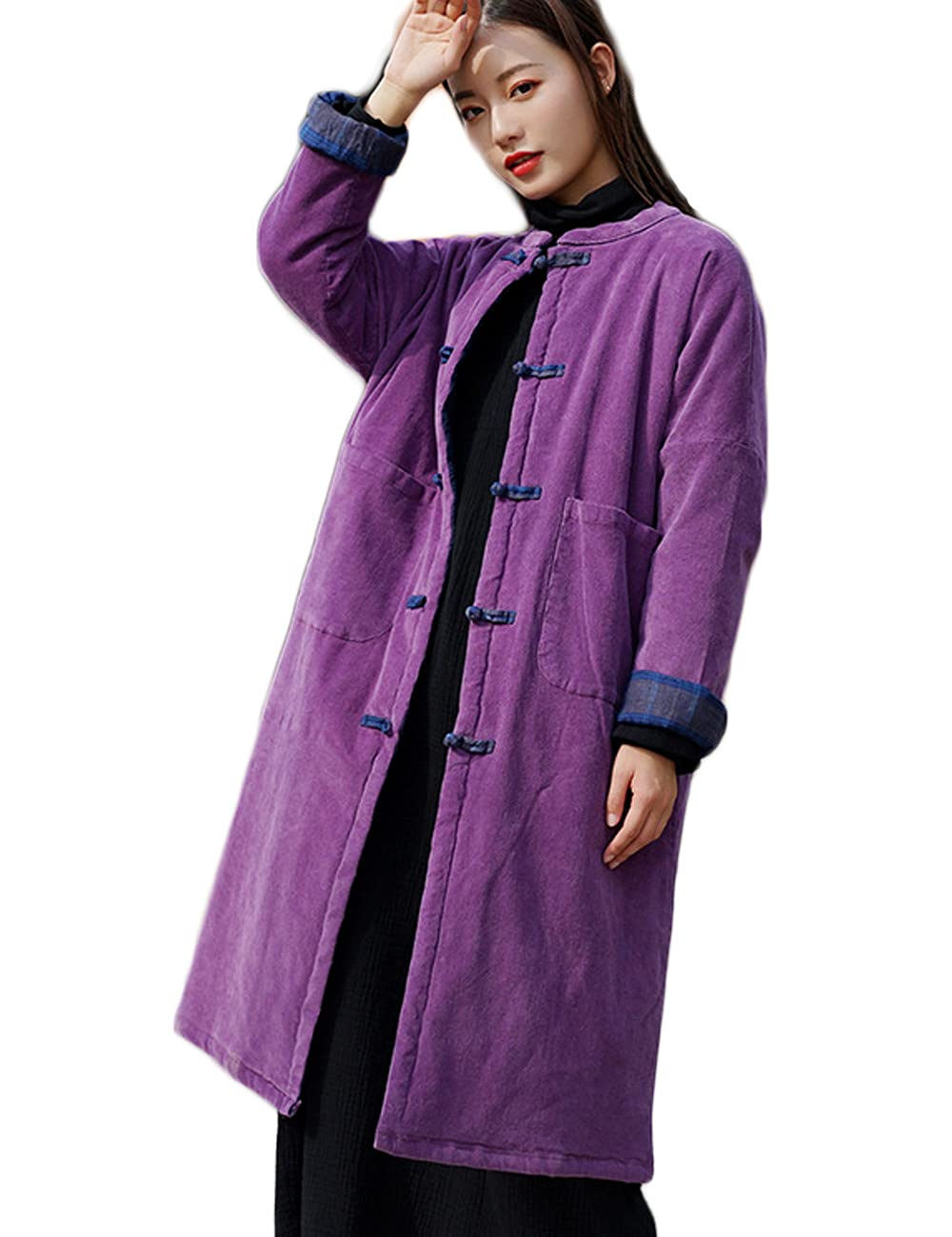 NFYM Women's Long Winter Coat - Thick Warm Corduroy Padded Jacket with Stand Collar | Chinese Tang Style Outerwear for Cold Weather | Perfect for Daily Wear, Office, and Special Occasions