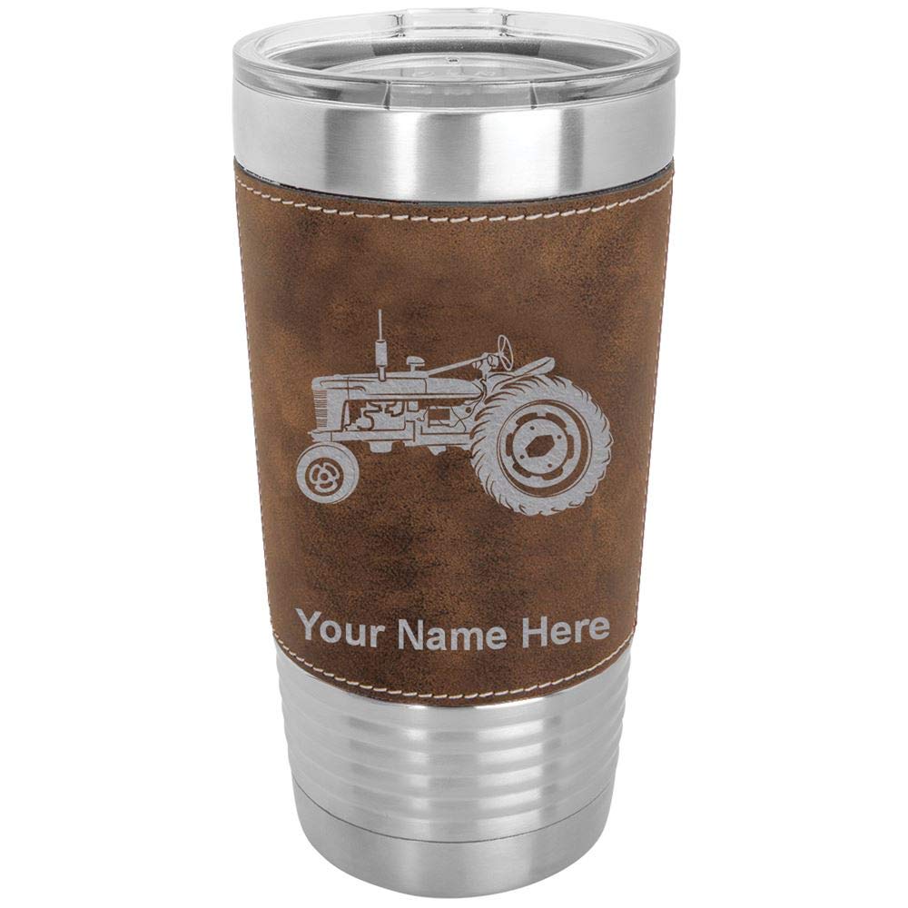 LaserGram 20oz Vacuum Insulated Stainless Steel Tumbler Mug with Personalized Engraving - Rustic Old Farm Tractor Design, Faux Leather Base | Keeps Drinks Hot/Cold for Hours | Perfect for Coffee, Tea, Camping, Office & Outdoor Activities