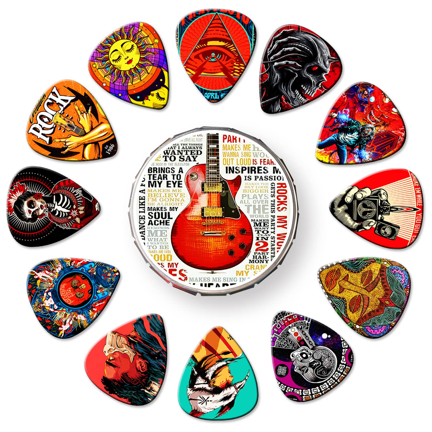 24 Pack Guitar Picks Variety Set - Thin, Medium, Heavy & Extra Heavy Celluloid Picks with Tin Box for Bass, Electric & Acoustic Guitar - Perfect Gift for Musicians & Guitar Lovers - Great for Practice, Recording & Live Performances