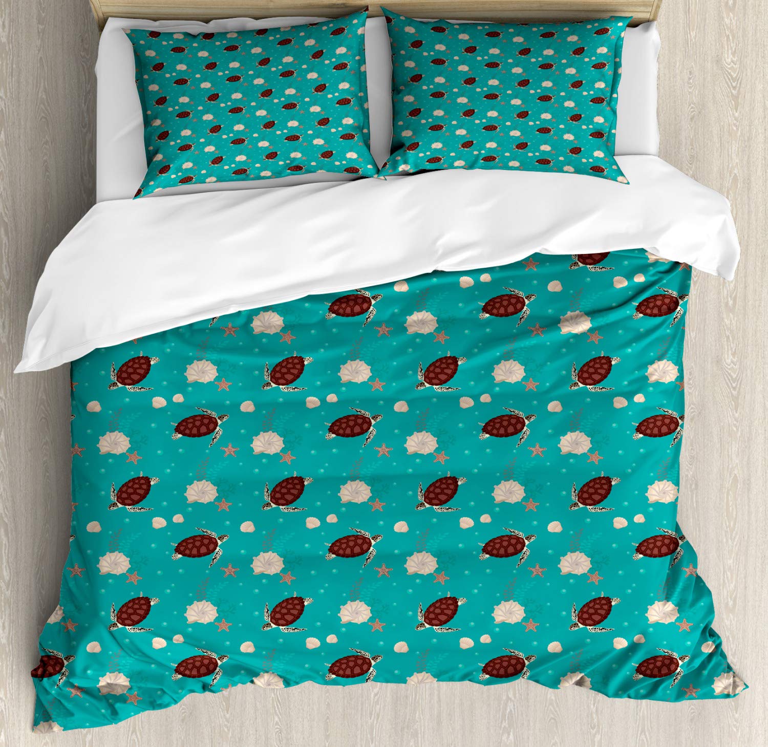 Ambesonne Marine Duvet Cover Set - King Size Dark Seafoam Chocolate with Continuous Bubbles, Turtles, Starfish & Shells Design - 3 Piece Bedding Set Includes Duvet Cover & 2 Pillow Shams | Ocean Theme Bedroom Decor for Beach House, Coastal Retreat or Nautical Nursery