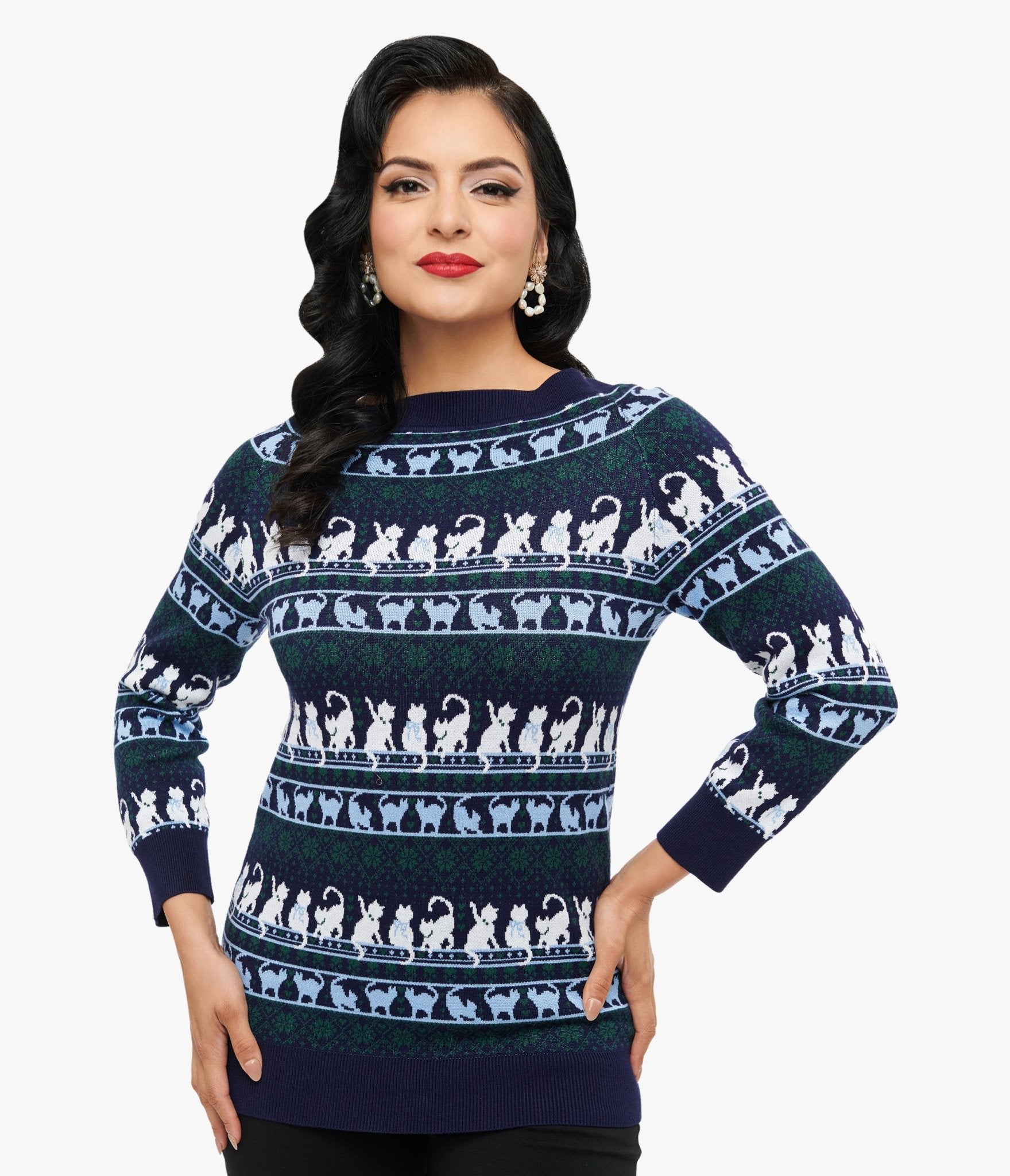 Vintage 1940s Navy & White Cat Print Lorelai Sweater - Retro Knit Pullover for Women, 1940s Inspired Fashion, Unique Cat Lover Gift, Perfect for Casual Wear & Vintage Themed Parties