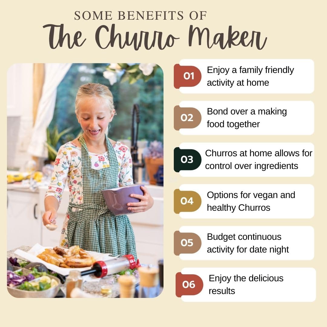 Premium Churro Maker Kit with Adjustable Plunger, Piping Tips & Recipe Book - Easy Homemade Churros Machine for Parties, Restaurants & Home Baking - Maquina Para Hacer Churros