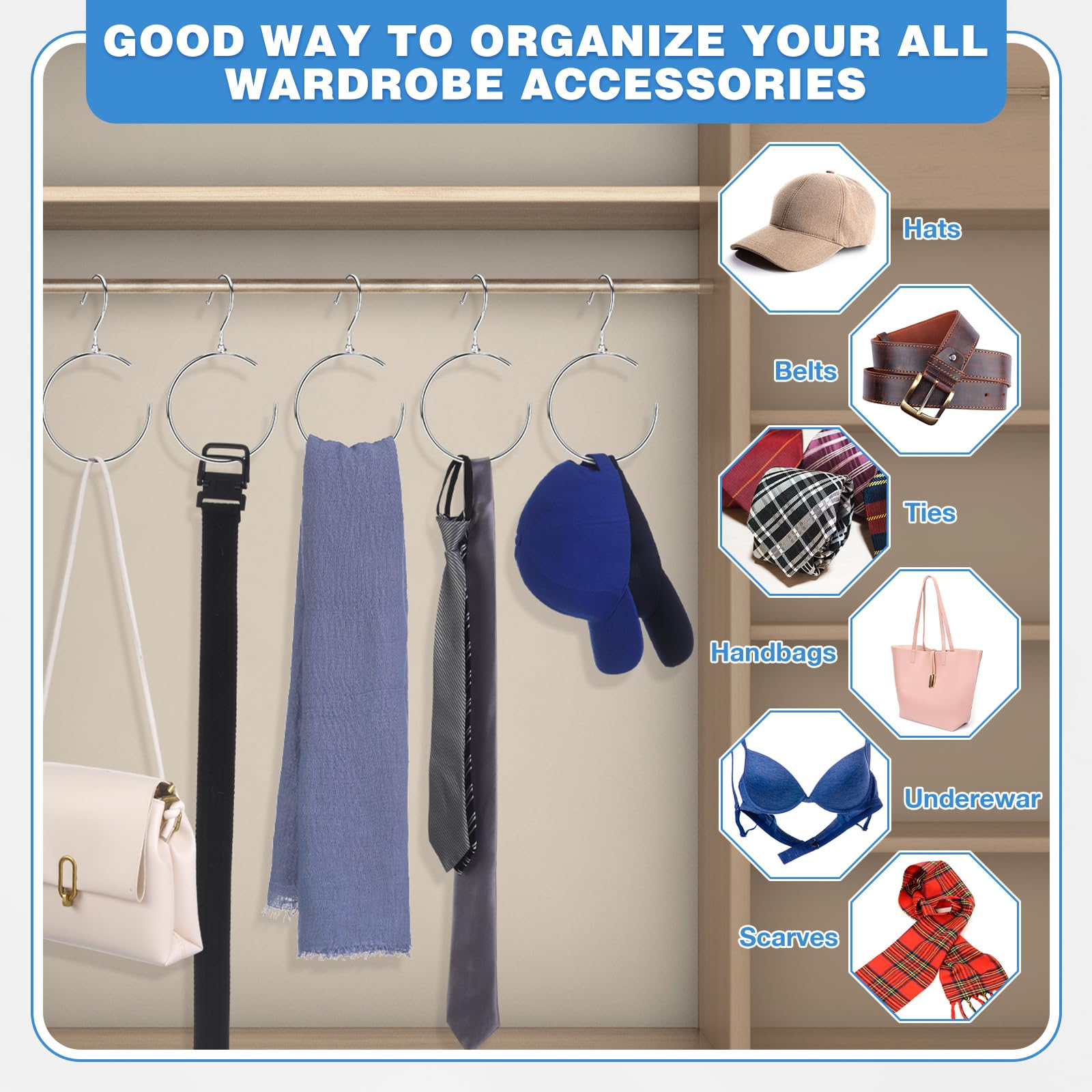 4 Pack Rotatable Belt Hangers for Closet - Space Saving Belt & Tie Organizer with 360° Swivel Hooks for Belts, Ties, Scarves, Baseball Caps - Silver Wardrobe Accessory Storage (Perfect for Closet, Bedroom & Dorm Organization)