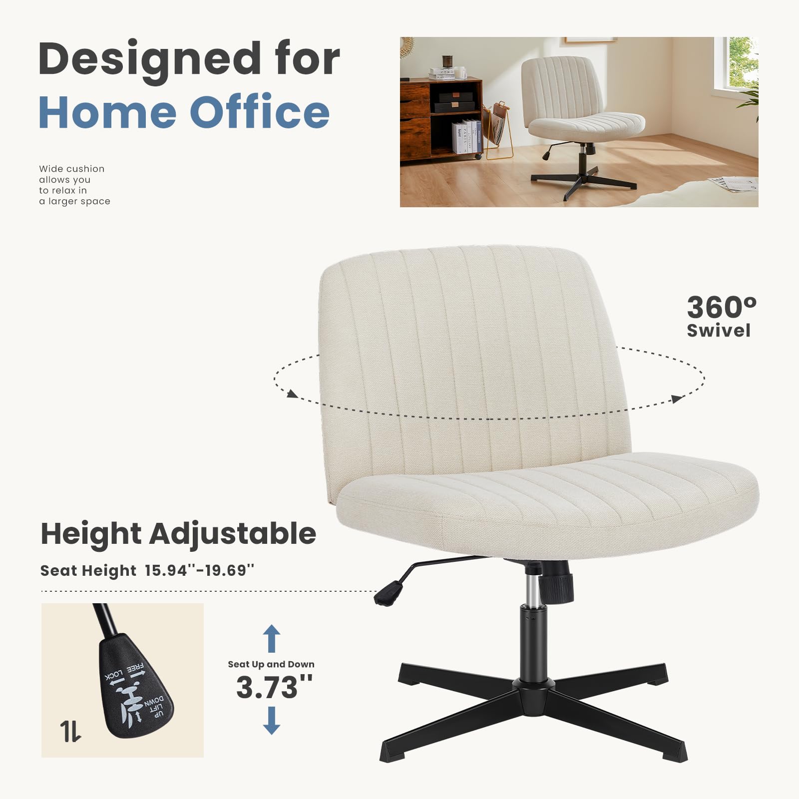 DUMOS Cross Legged Office Chair - Armless Wide Home Desk Seat No Wheels, Modern Swivel Adjustable Fabric Chair for Bedroom & Office - Perfect for Meditation, Reading & Small Space Workstations