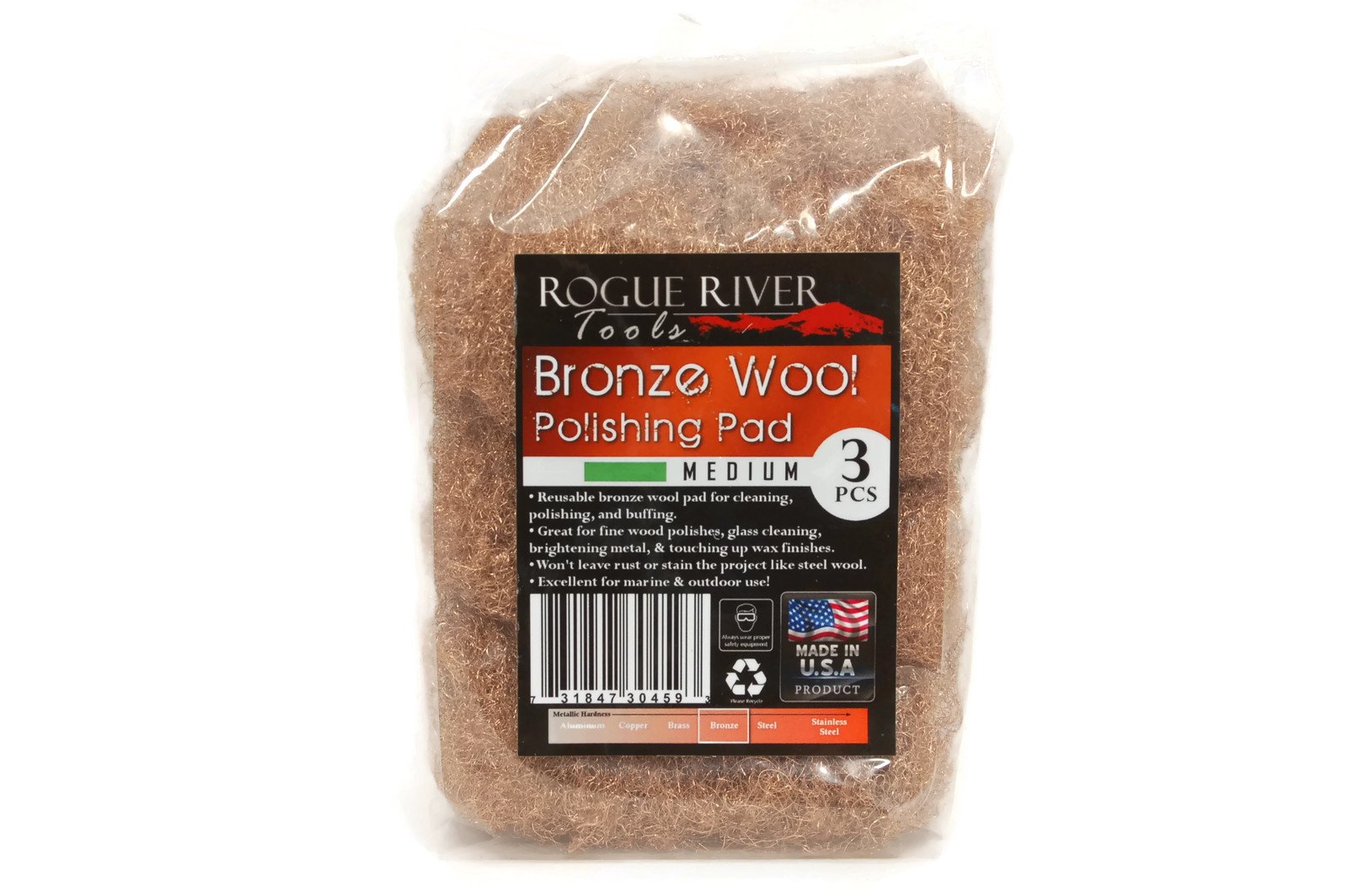 Rogue River Tools Bronze Wool Pads (3-Pack) - Medium Grade for Metal Polishing, Cleaning, and Restoration - Perfect for DIY Projects, Automotive Detailing, and Household Maintenance