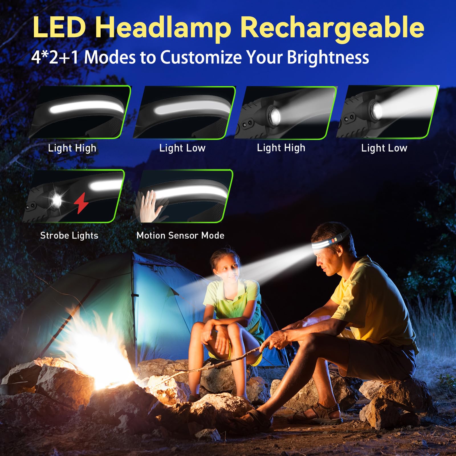 Rechargeable LED Headlamp - Waterproof Headlight Flashlight for Camping, Running, Cycling & Fishing - 5 Light Modes - Lightweight Headlamp for Adults (Black) - Perfect for Night Hiking, Emergency Work & Outdoor Adventures
