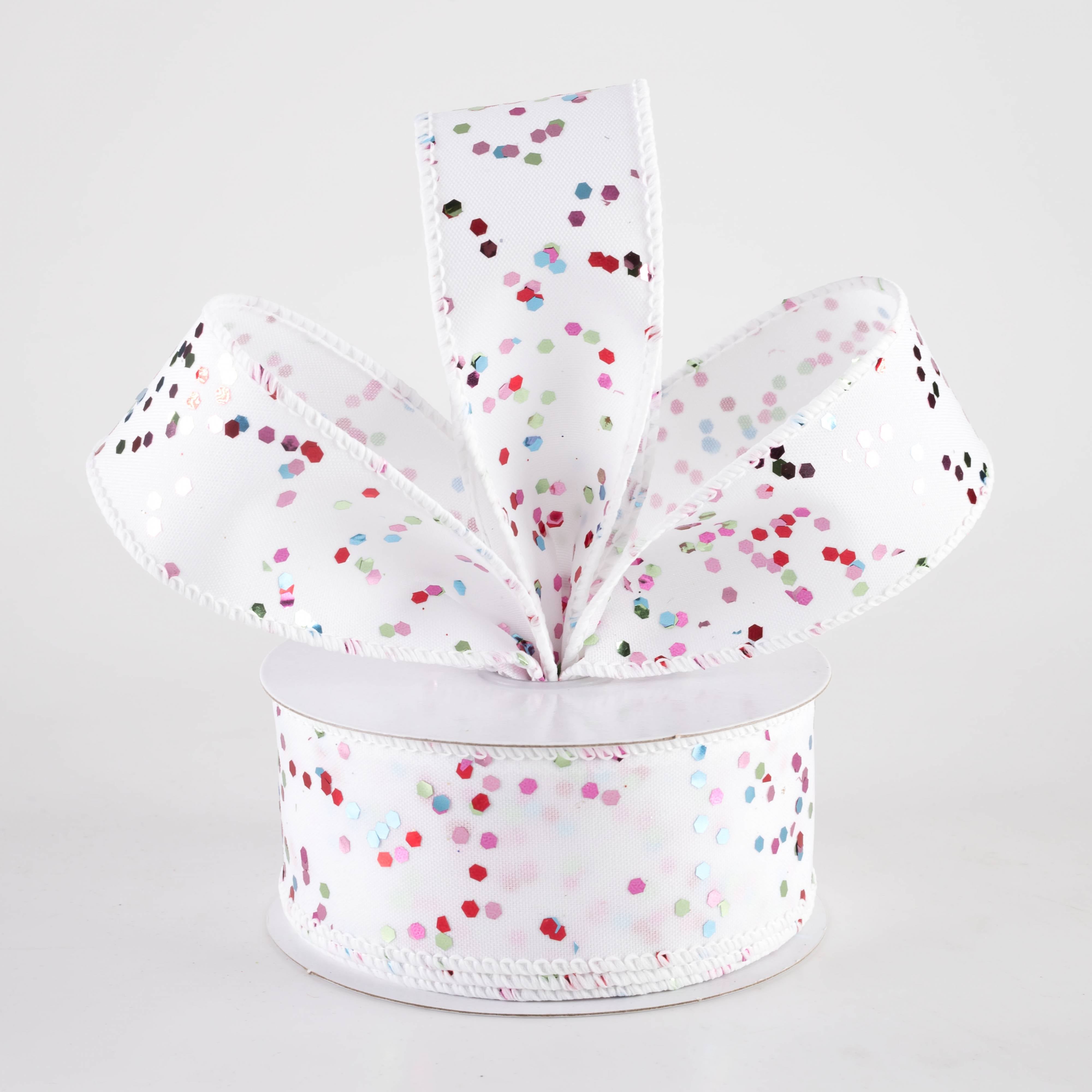 1.5 Inch Hex Glitter on White Ribbon - Pastel Christmas Decorative Ribbon (10 Yards) for Gift Wrapping, Tree Trimming, and Holiday Crafts