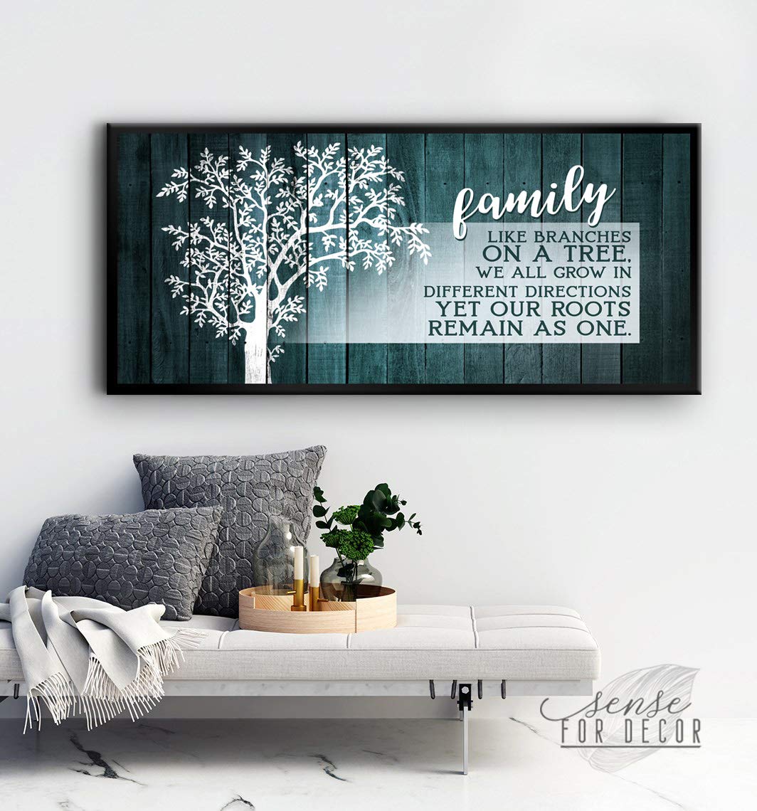Family Tree Wall Art Plaque - Large Canvas Wall Decor for Living Room & Farmhouse - Teal Green with Black Floating Frame 42x19 - Perfect for Family Room, Bedroom & Home Décor