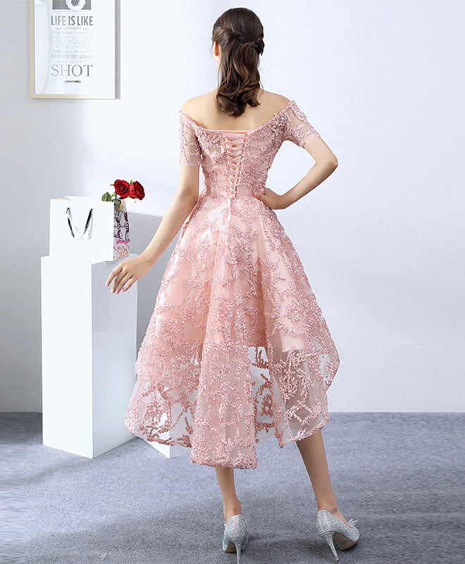 Elegant Pink Lace High-Low Prom Dress for Women - Formal Evening Gown with Floral Embroidery - Perfect for Homecoming, Prom Night & Special Occasions