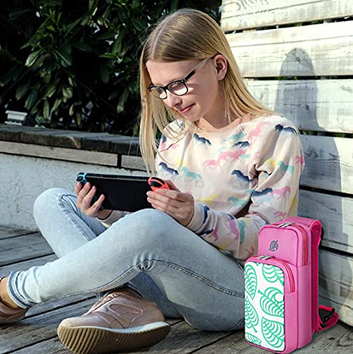 Cute Pink TNP Travel Shoulder Bag for Nintendo Switch & Switch Lite - Portable Carrying Case Compatible with Animal Crossing Games, Console & Dock Charger - Perfect for Travel, Commuting & Gaming On-The-Go