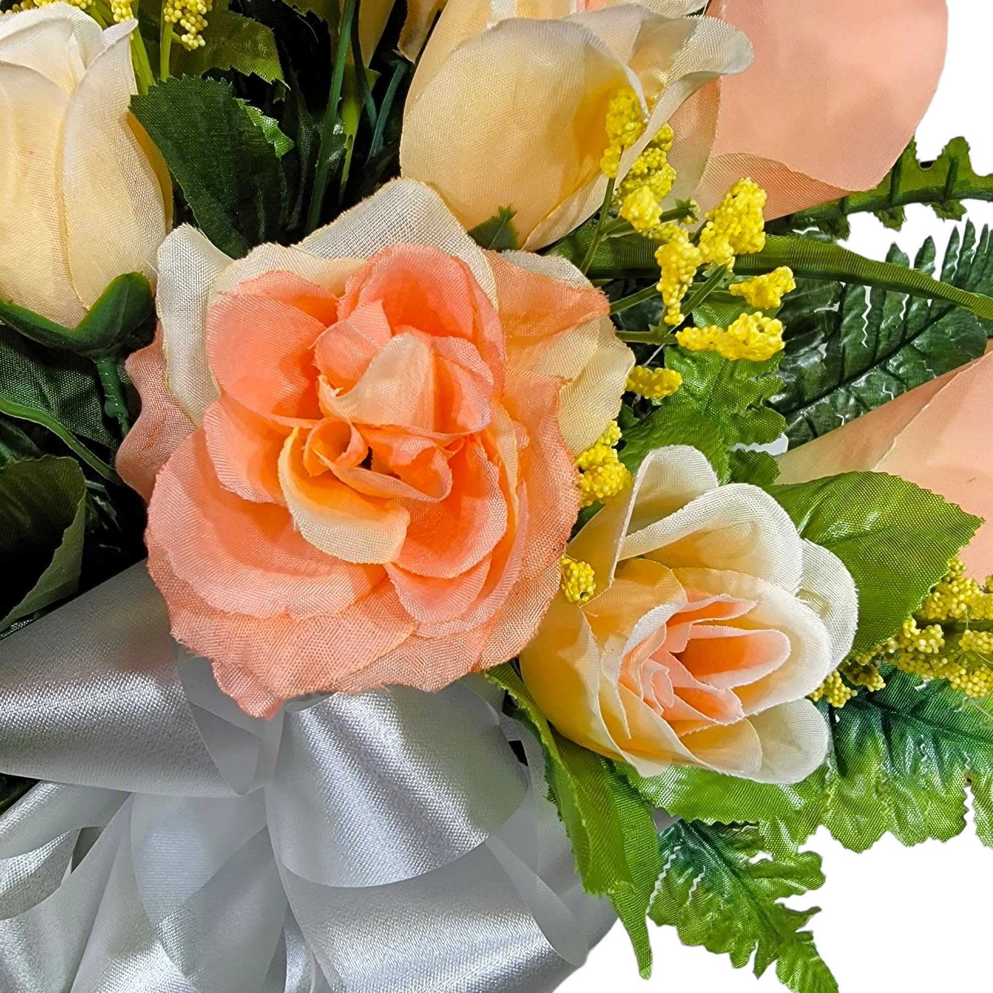 Realistic Artificial Cemetery Flowers - Silk Faux Peach Rose & Calla Lily Bouquet for Graves - 2 Headstone Decorations - Memorial Flowers for Gravesite, Funeral, Sympathy & Remembrance