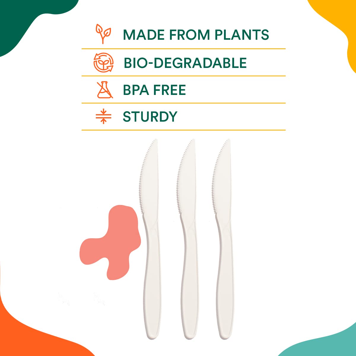 ECO SOUL Premium Compostable Knife Set - 100% Eco-Friendly Disposable Cutlery (Pack of 50) | Strong & Durable Biodegradable Utensils for Picnics, Parties & Outdoor Dining