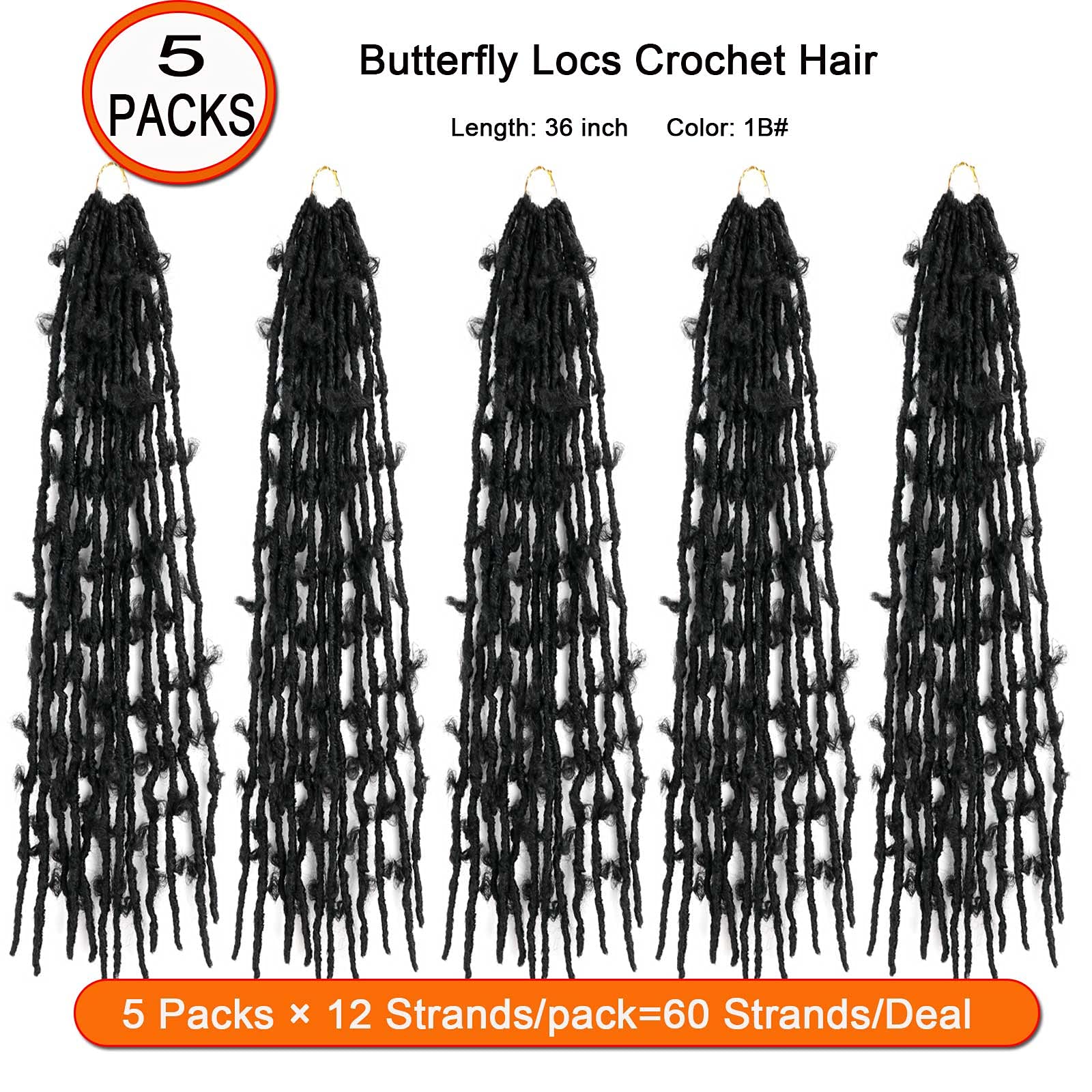 Butterfly Locs Crochet Hair 36 Inch - 5 Pack Long Distressed Faux Locs for Women - Pre-Looped Crochet Braiding Hair Extensions (1B#) - Perfect for Protective Styles, Boho Looks & Everyday Wear