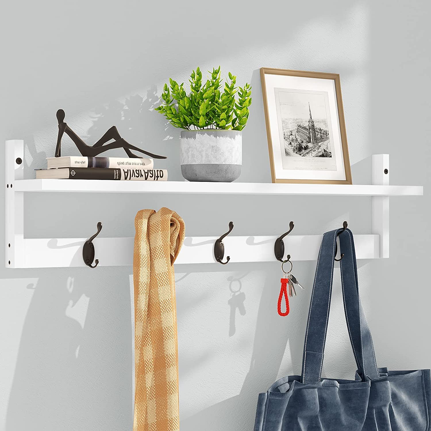 AMBIRD Wall Hooks with Shelf - 5 Dual Hooks Wall Mounted Entryway Organizer for Coats, Hats & Keys | Rustic Wooden Coat Rack for Bathroom, Living Room, Bedroom & Hallway | Space Saving Home Decor (Modern Farmhouse Style) - Perfect for Small Apartments & Entryway Organization