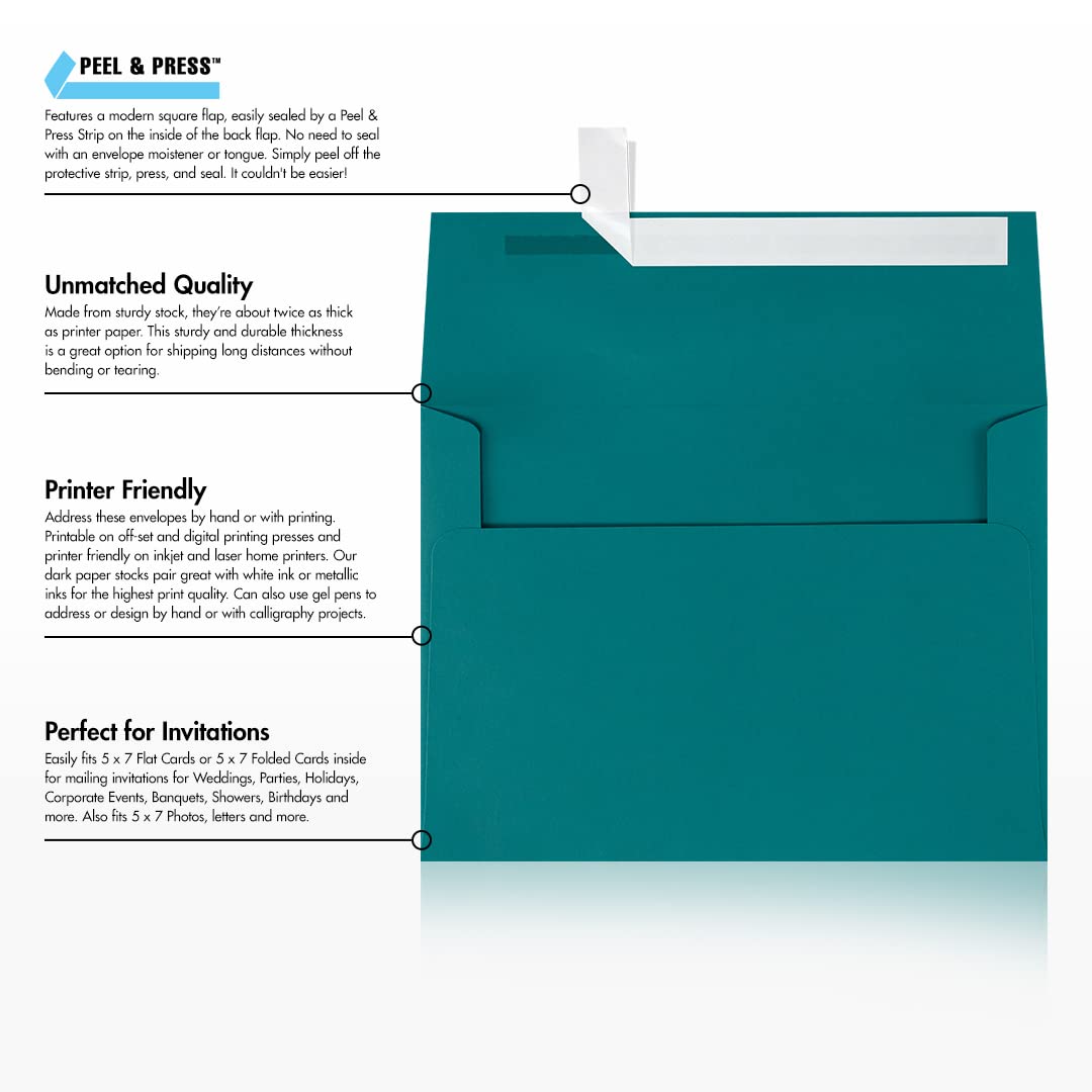 LUXPAPER A7 Invitation Envelopes for 5x7 Cards - 80lb Teal Printable Envelopes with Peel & Press Seal - 1000 Pack (5.25x7.25 Inches) - Perfect for Weddings, Parties, Business Events and Greeting Cards