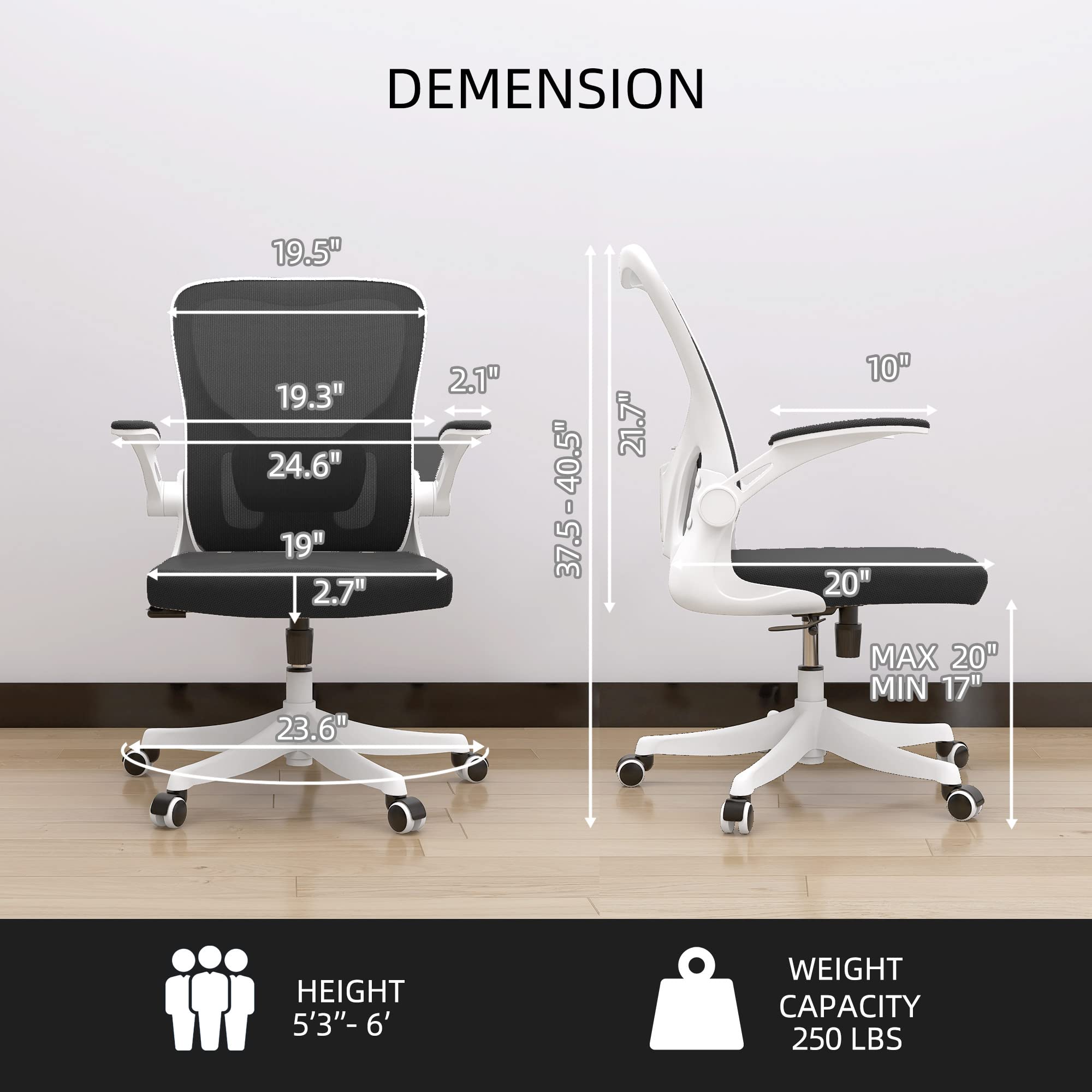 Monhey Ergonomic Office Chair with Lumbar Support - High Back Mesh Computer Desk Chair with Flip-Up Arms, Swivel & Rocking Function - White Frame & Black Mesh - Perfect for Home Office, Study & Workspace