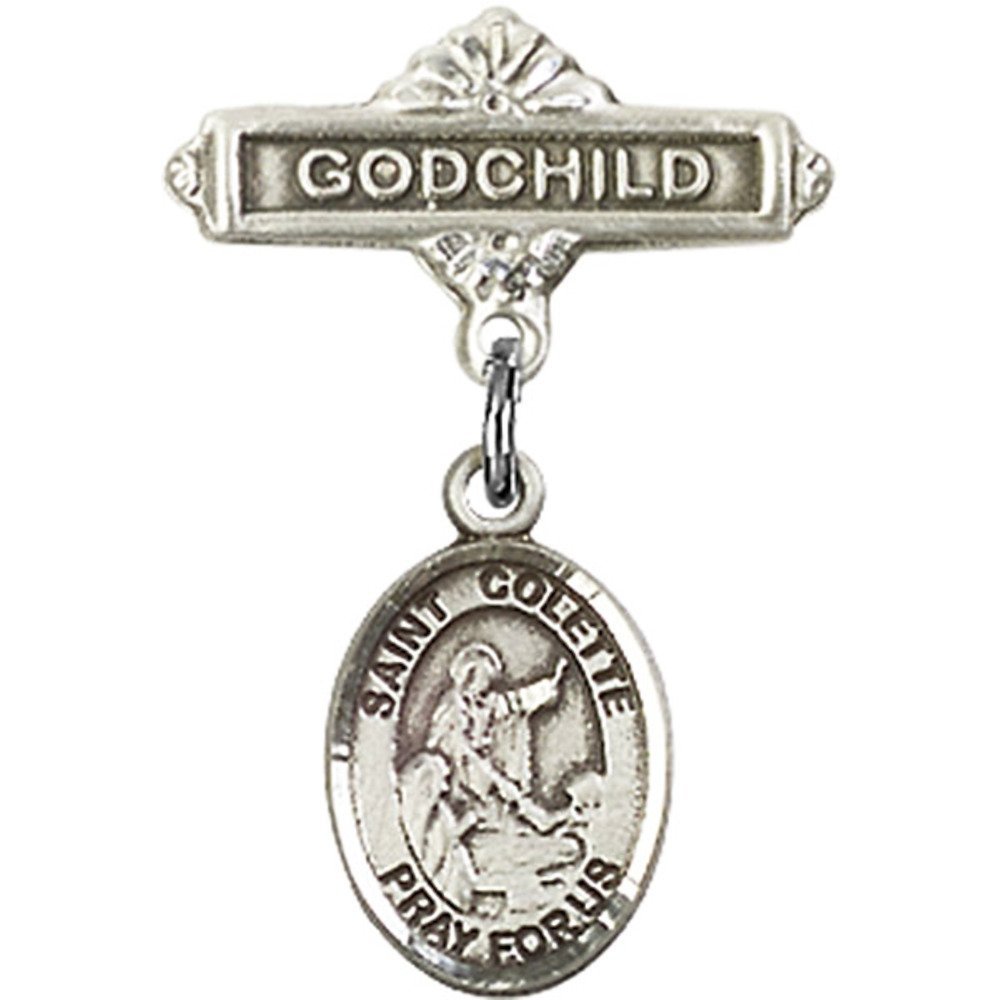 Sterling Silver Baby Badge with St. Colette Charm & Godchild Pin - 1 X 5/8 Inch Religious Jewelry - Perfect for Baptism, Christening & First Communion Gifts