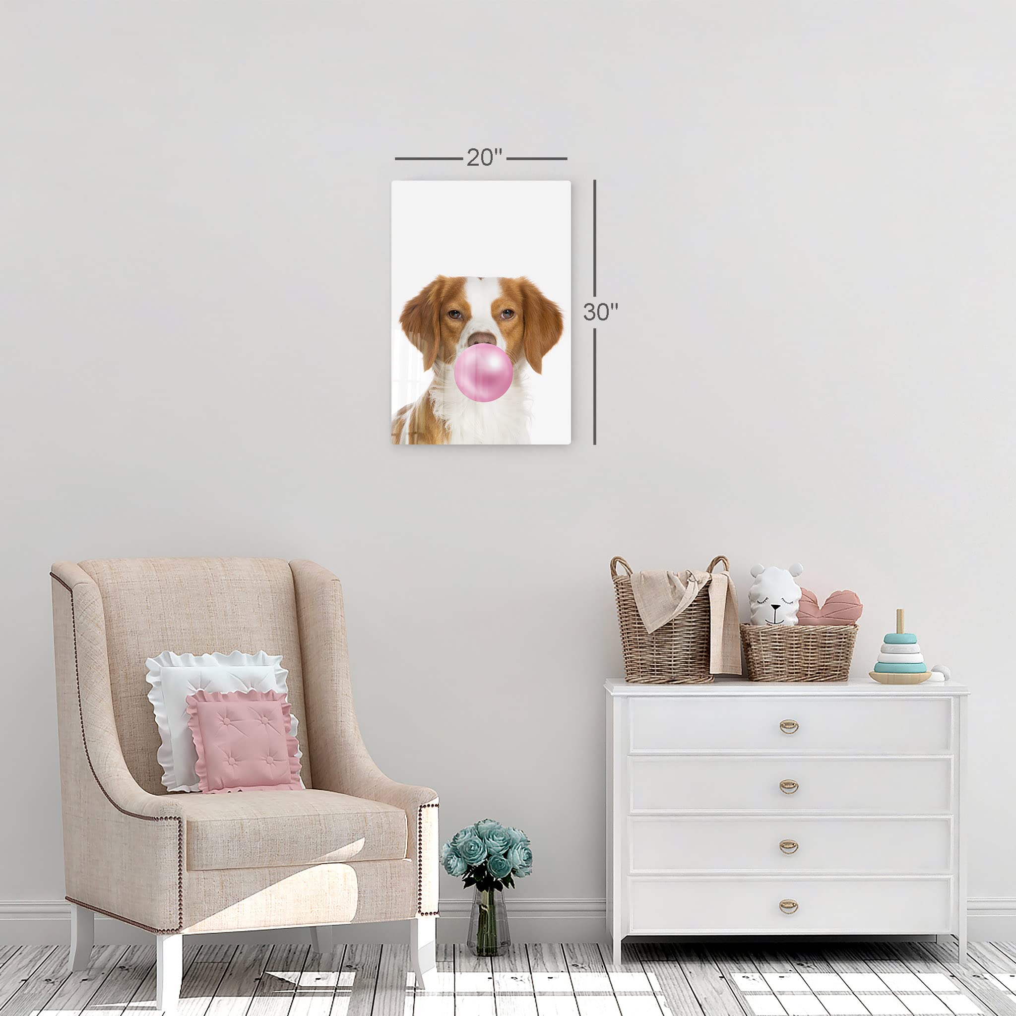 Epagneul Breton Dog Chewing Pink Bubble Gum Metal Wall Art Print - 30x20 - Pet Lover Gift, Pop Art Decor for Office, Living Room, Bedroom & Nursery - Perfect for Dog Owners & Animal Art Enthusiasts