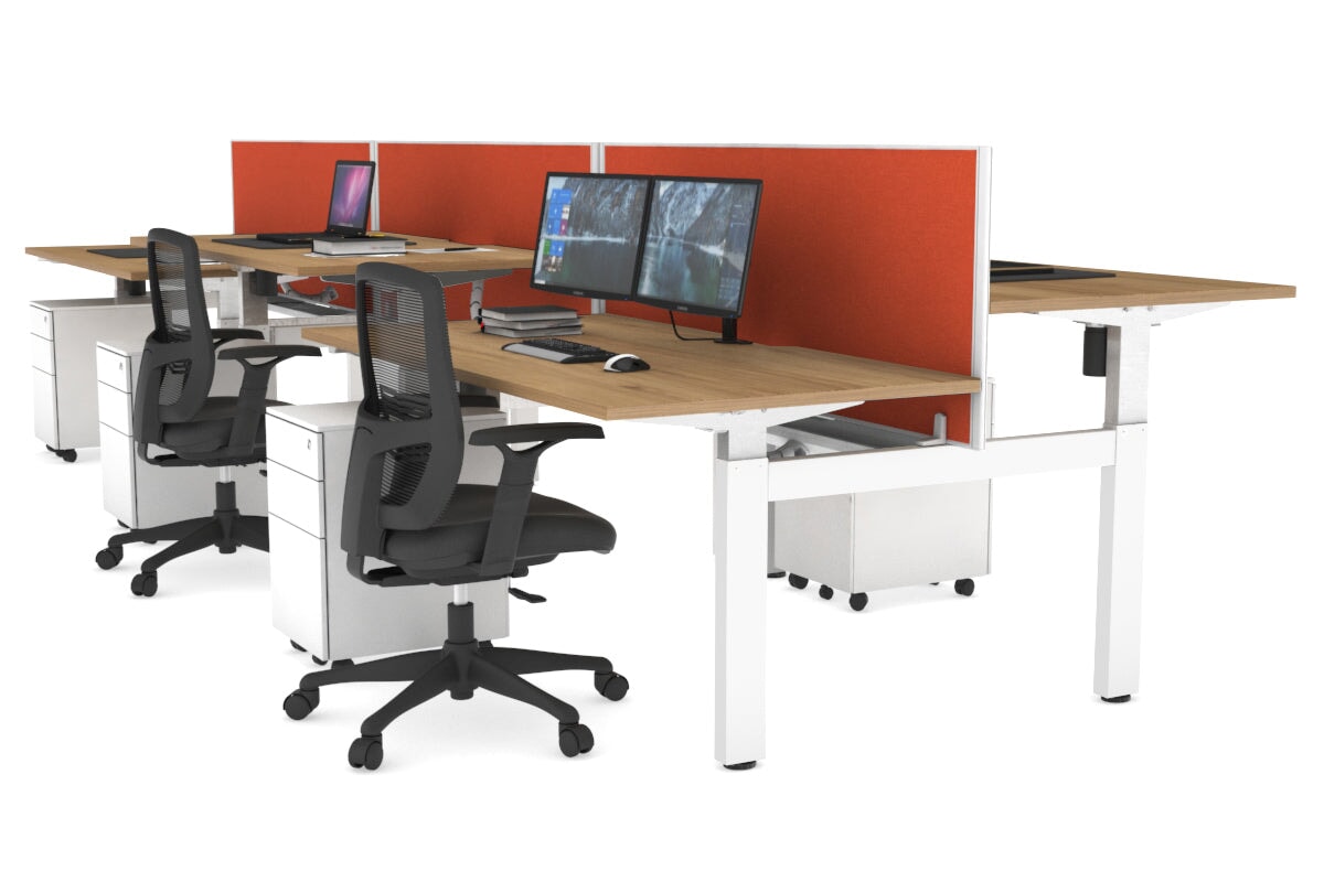 Height Adjustable 6-Person H Bench Workstation with White Frame - 1600L x 800W, Cable Management Scallop | Ideal for Office, Coworking Spaces & Collaborative Work Environments
