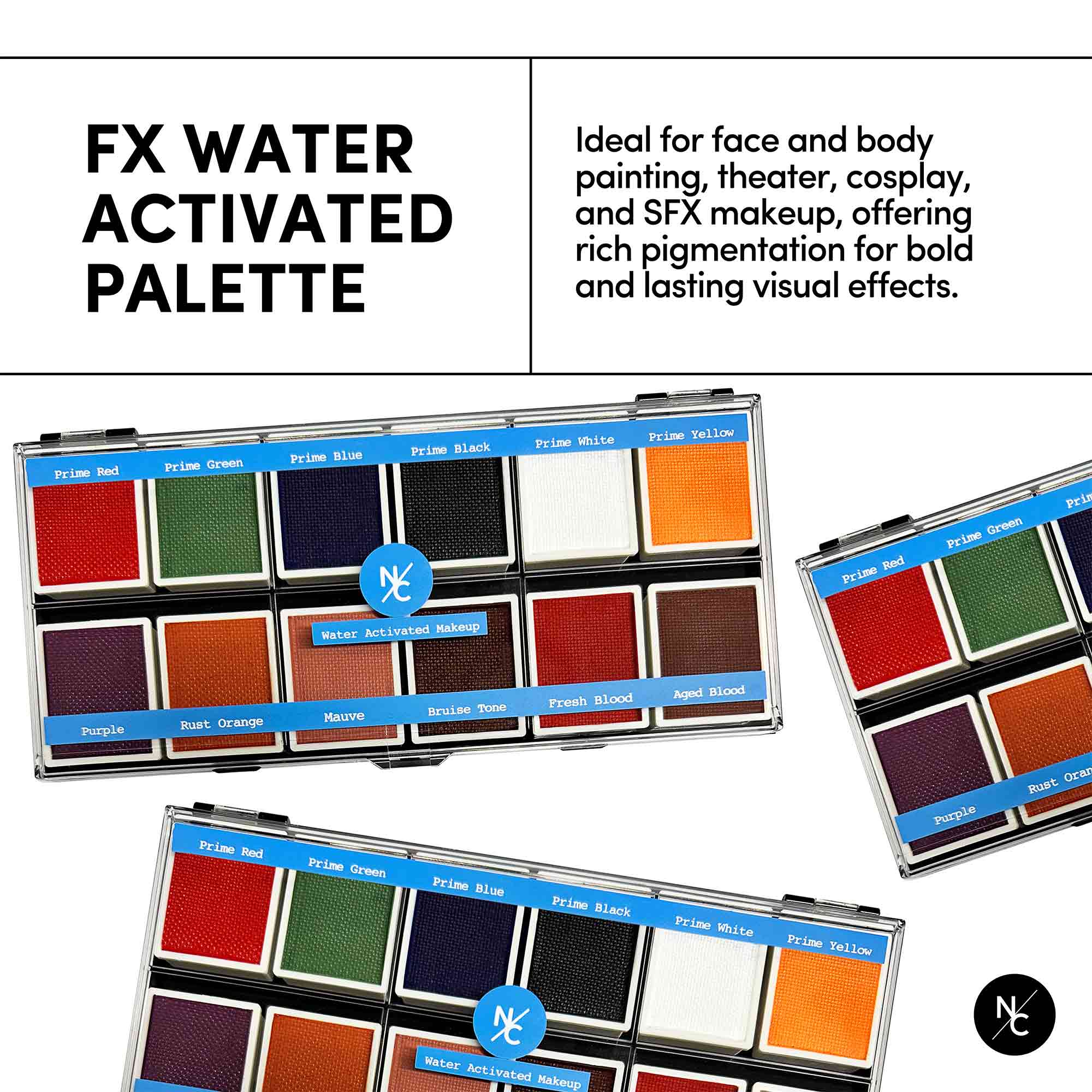12 Color FX Water Activated Palette - Professional Face & Body Paint for Halloween, Cosplay & Theater - Safe for Kids & Adults - Easy to Use & Wash Off
