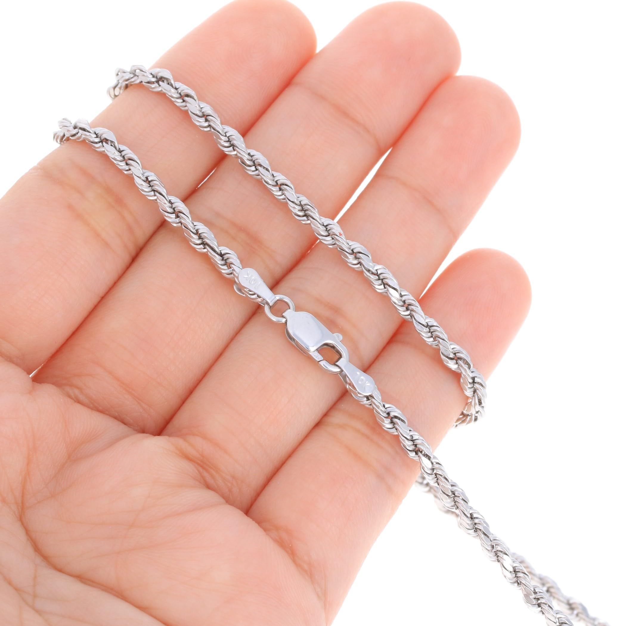 10k Real White Gold 3mm Rope Chain Necklace for Men & Women - Diamond Cut Italian Jewelry (16